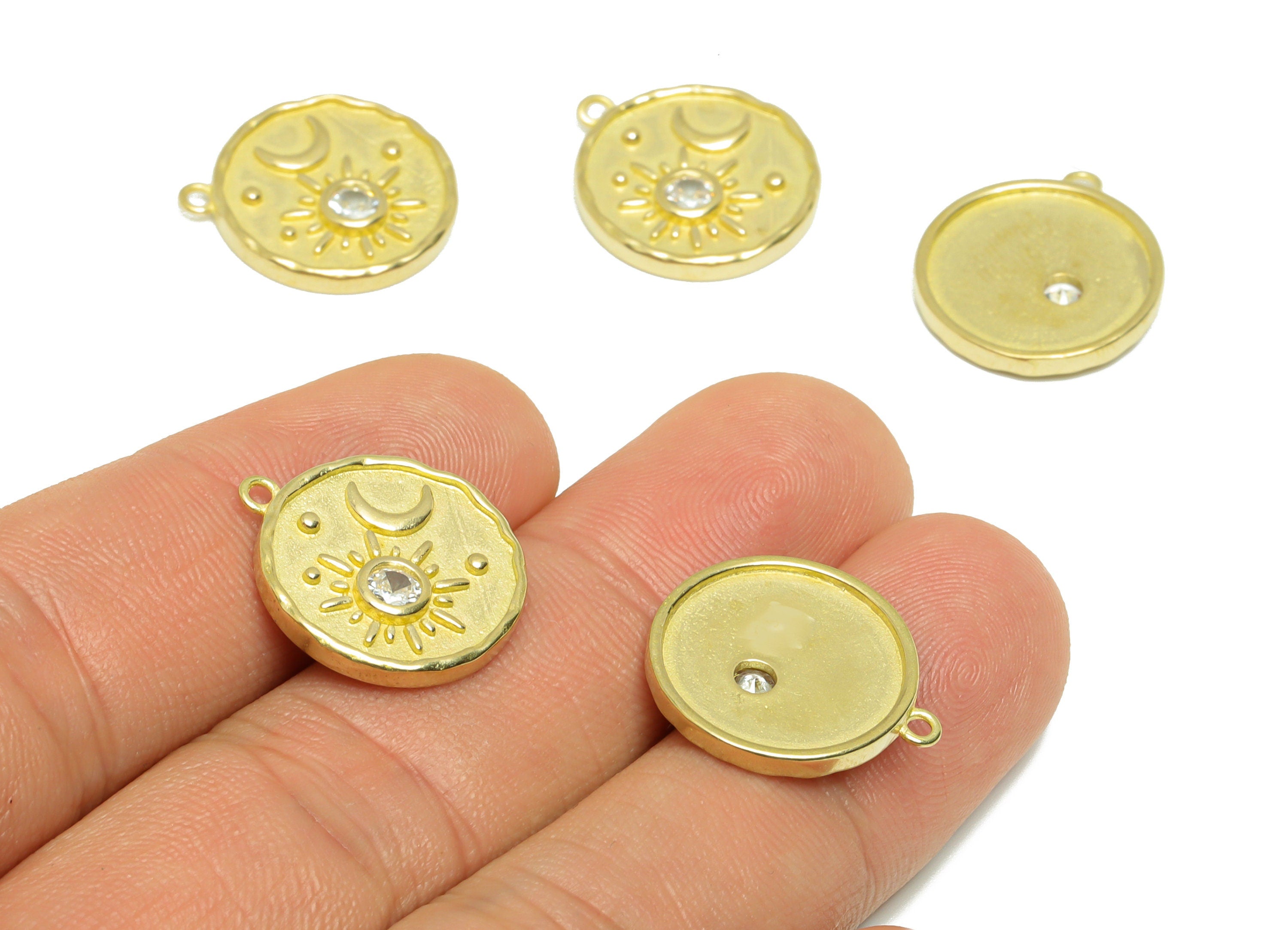 Brass Crescent Earring Charm - Raw Brass Sun Earring Charm - Brass Space Zircon Pendant - CZ Celestial Round Charm - 19.2x17x2.4mm - PP9576 - DOMEDBAZAAR