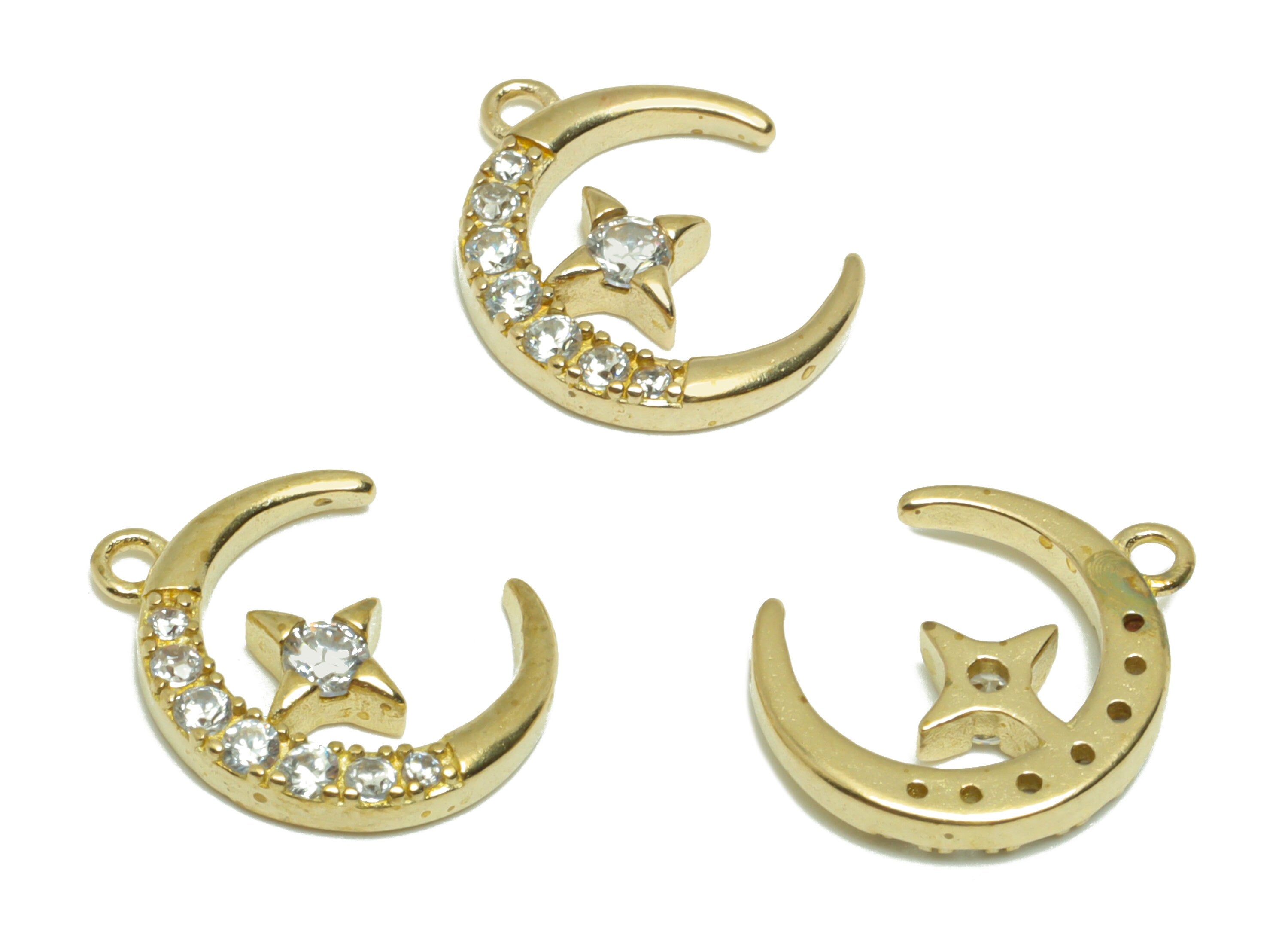 Brass CZ Crescent Earring Charm - Raw Brass Star Earring Charm - Brass Moon Cubic Zircon Pendant - Celestial Charm - 13.9x11x2mm - PP9577 - DOMEDBAZAAR
