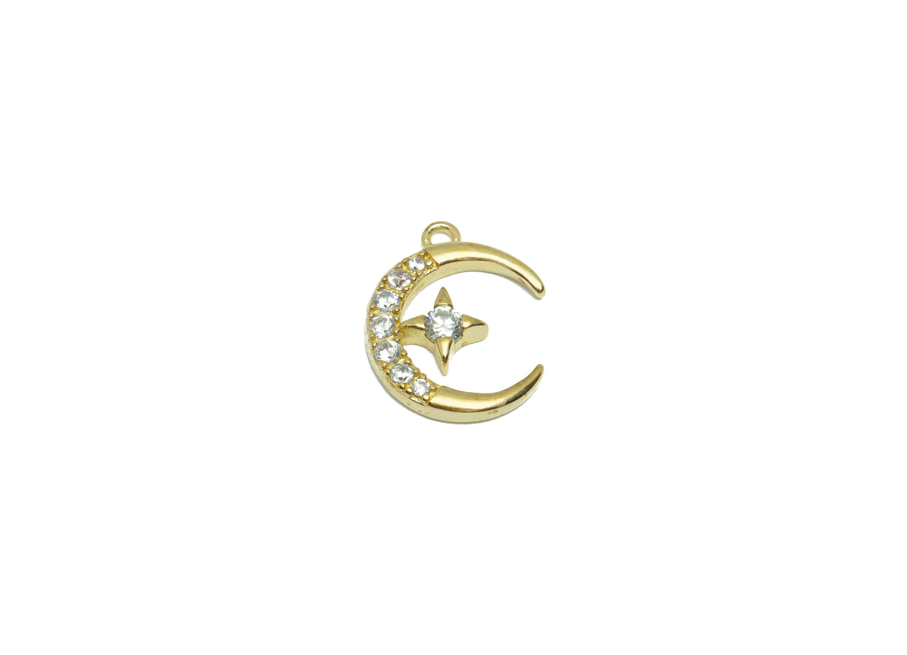 Brass CZ Crescent Earring Charm - Raw Brass Star Earring Charm - Brass Moon Cubic Zircon Pendant - Celestial Charm - 13.9x11x2mm - PP9577 - DOMEDBAZAAR