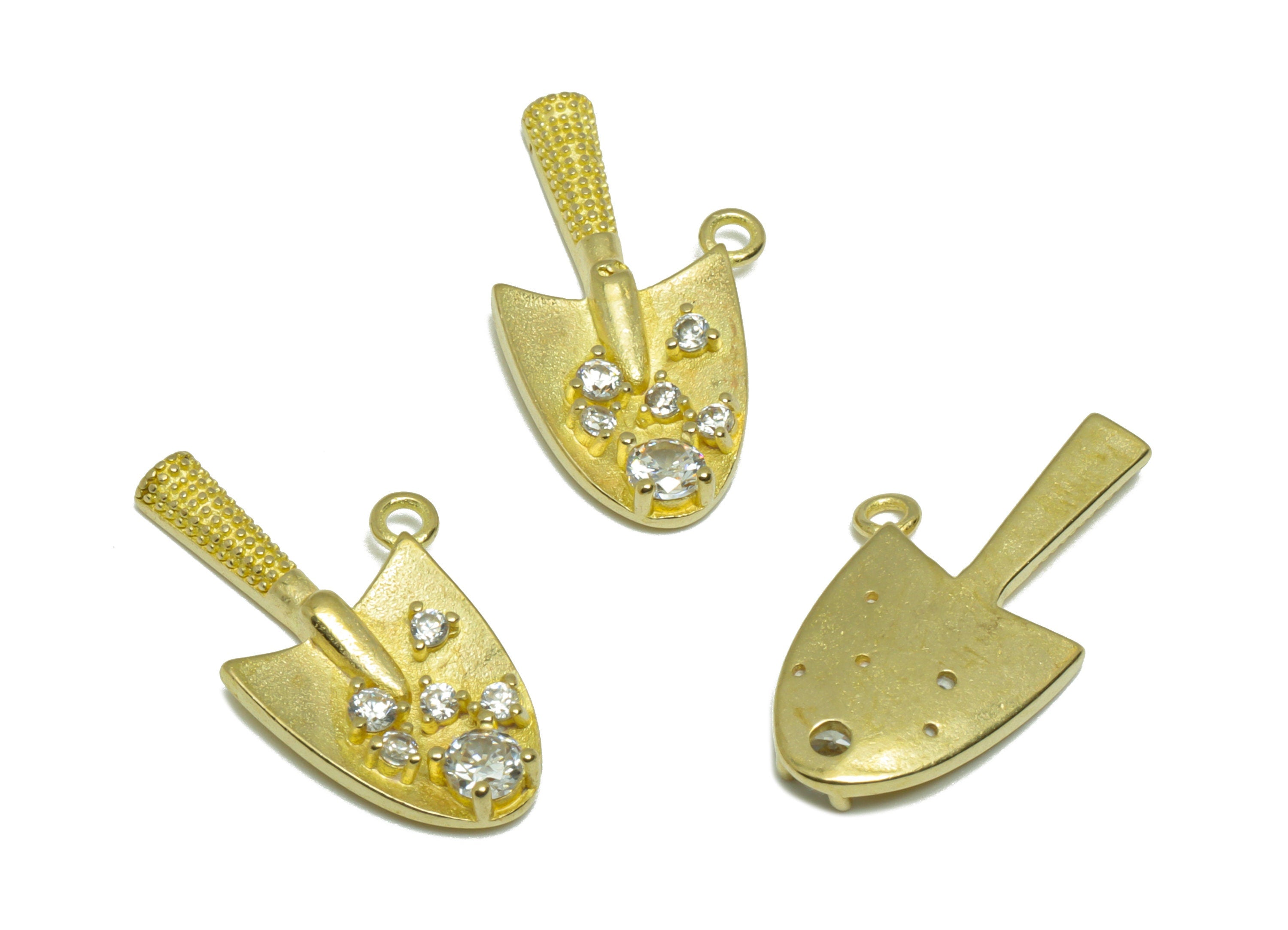 Brass CZ Shovel Earring Charm - Raw Brass Shovel Figure Charm - Brass Shovel Cubic Zircon Pendant - Shovel Pendant - 20.9x10.6x2mm - PP9553 - DOMEDBAZAAR