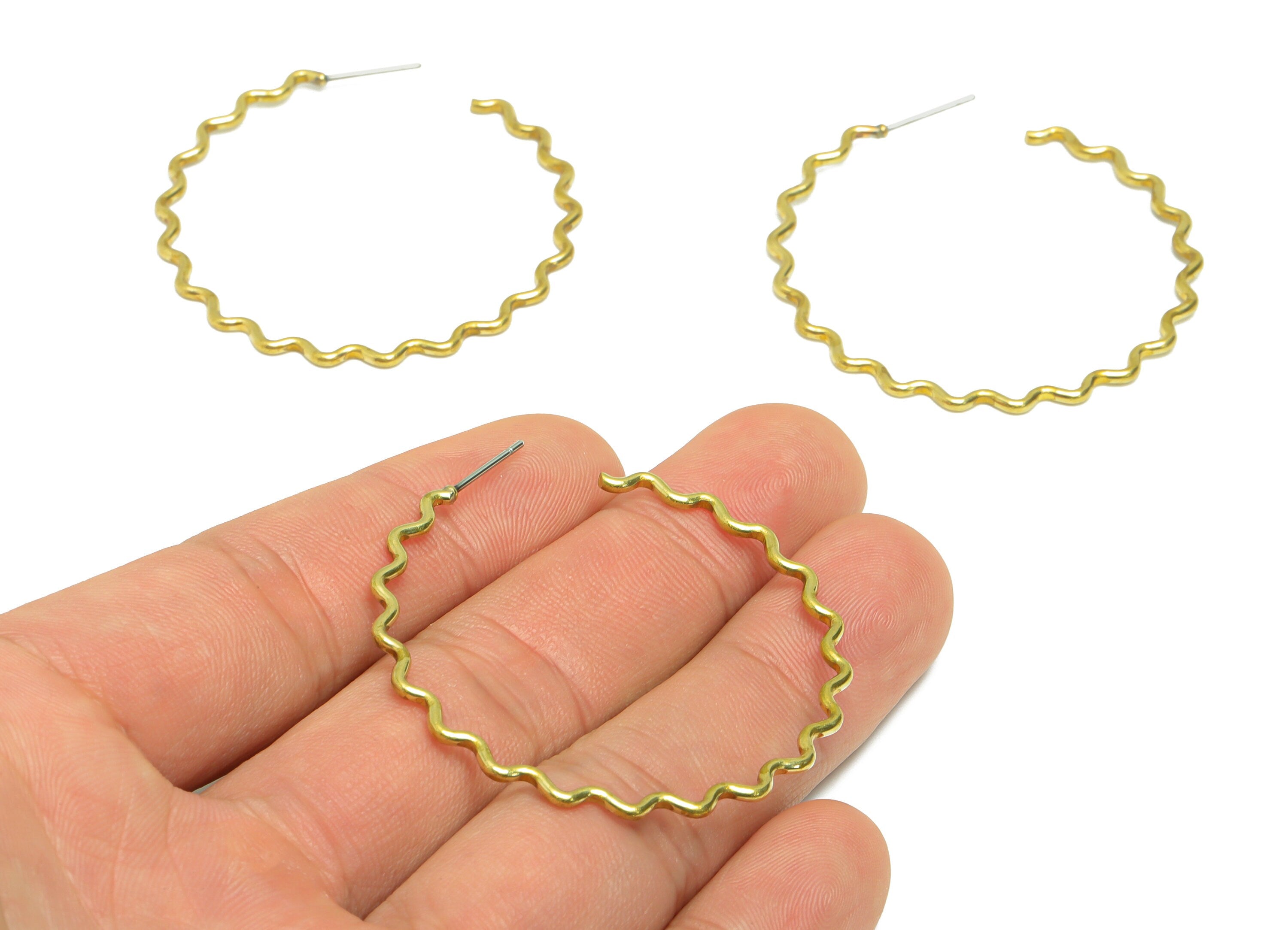 Brass Wire C Hoop Earring Stud - Raw Brass Wavy Hoop Earring Post - Brass Zig Zag Wire C Hoop Earring - Wavy Earring - 46x44x1.38mm - PP9365 - DOMEDBAZAAR