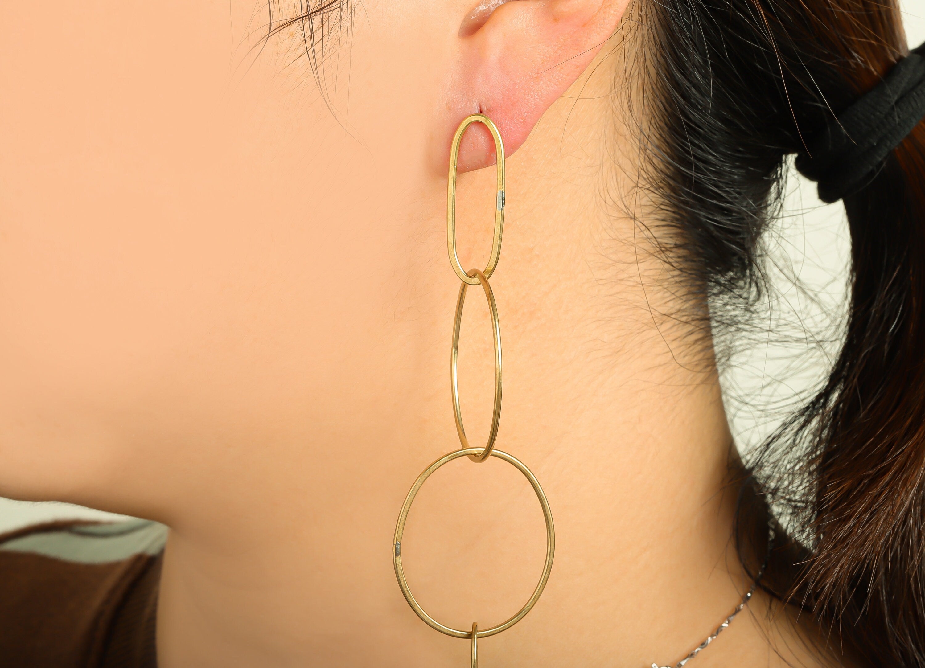 Oval Dangle Earring Stud - Raw Brass Hang Oval Earring Post - Oval Earring Post - Geometry Interlock Hoop Earring - 114x29x1mm - PP9370 - DOMEDBAZAAR