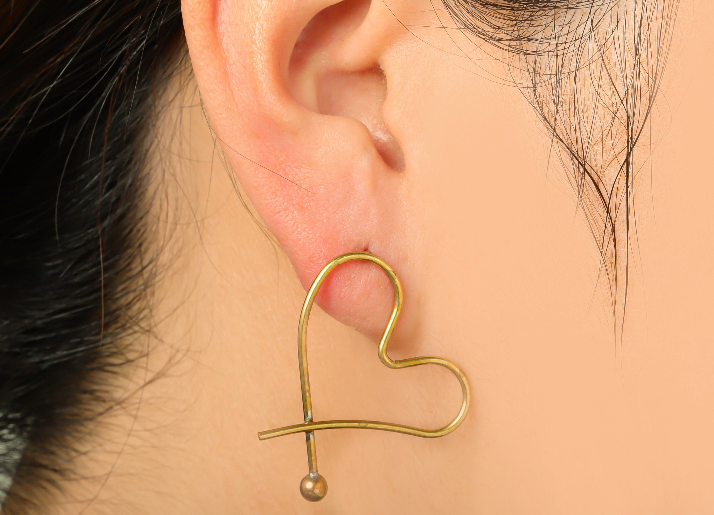 Brass Heart Wire Earring Stud - Raw Brass Wire Earring Post - Brass Heart Ball Earring Post - Heart Bead Earring Post - 33.8x28x1mm - PP9356 - DOMEDBAZAAR