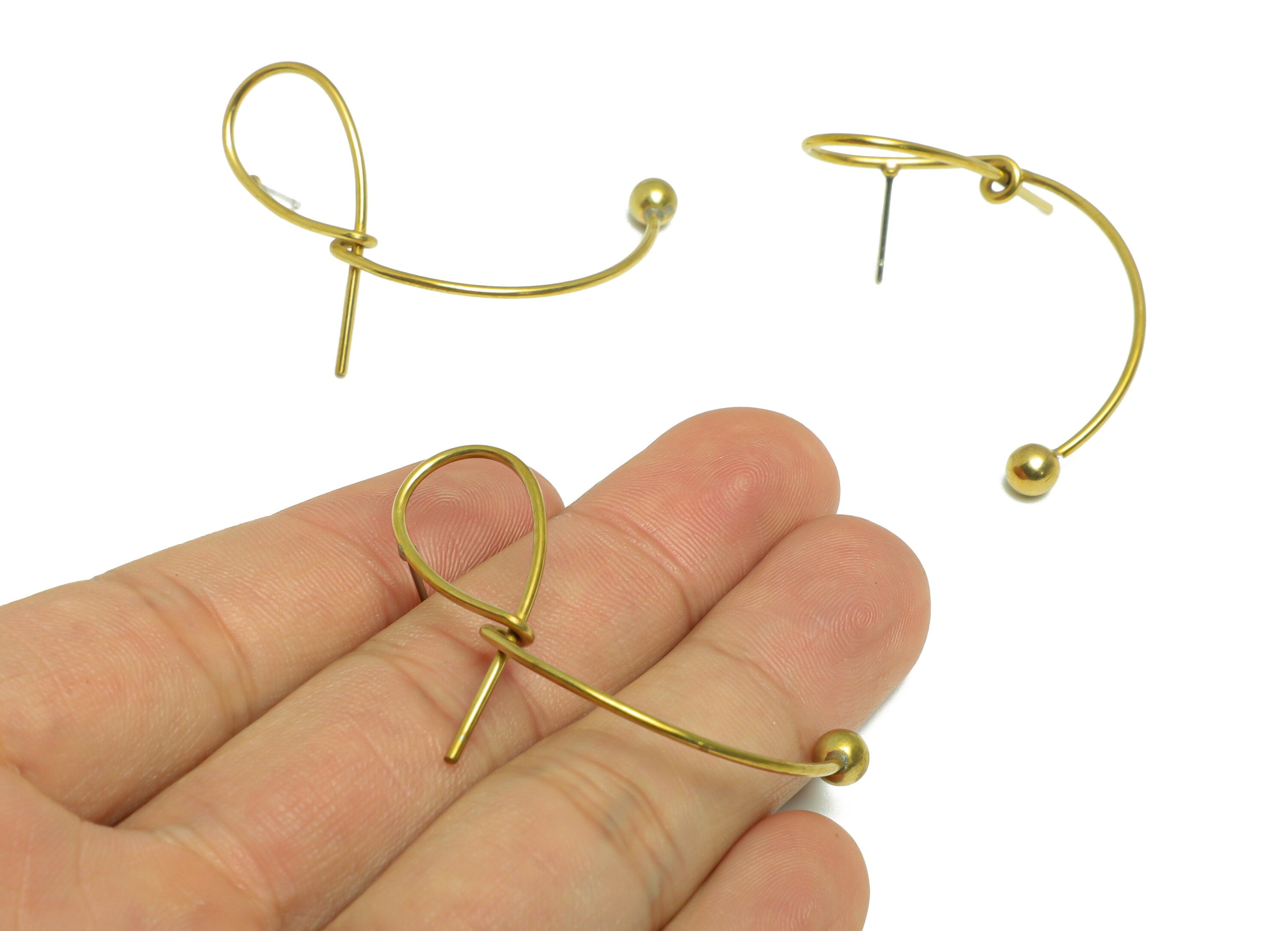 Brass Knot Wire Earring Stud - Raw Brass Bent Wire Earring Post - Brass Ball Earring Post - Curved Bead Earring Post - 44.23x25x1mm - PP9360 - DOMEDBAZAAR