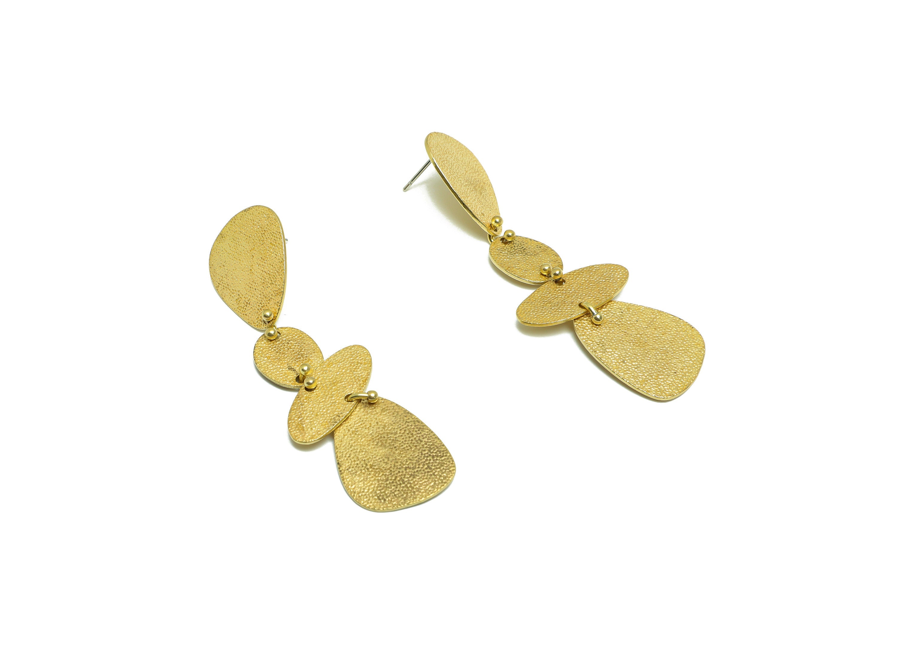 Brass Textured Dangle Earring Stud - Raw Brass Hang Oval Earring Post - Geometry Link Earring Post - Textured Earring - 66x20x0.7mm - PP9371 - DOMEDBAZAAR