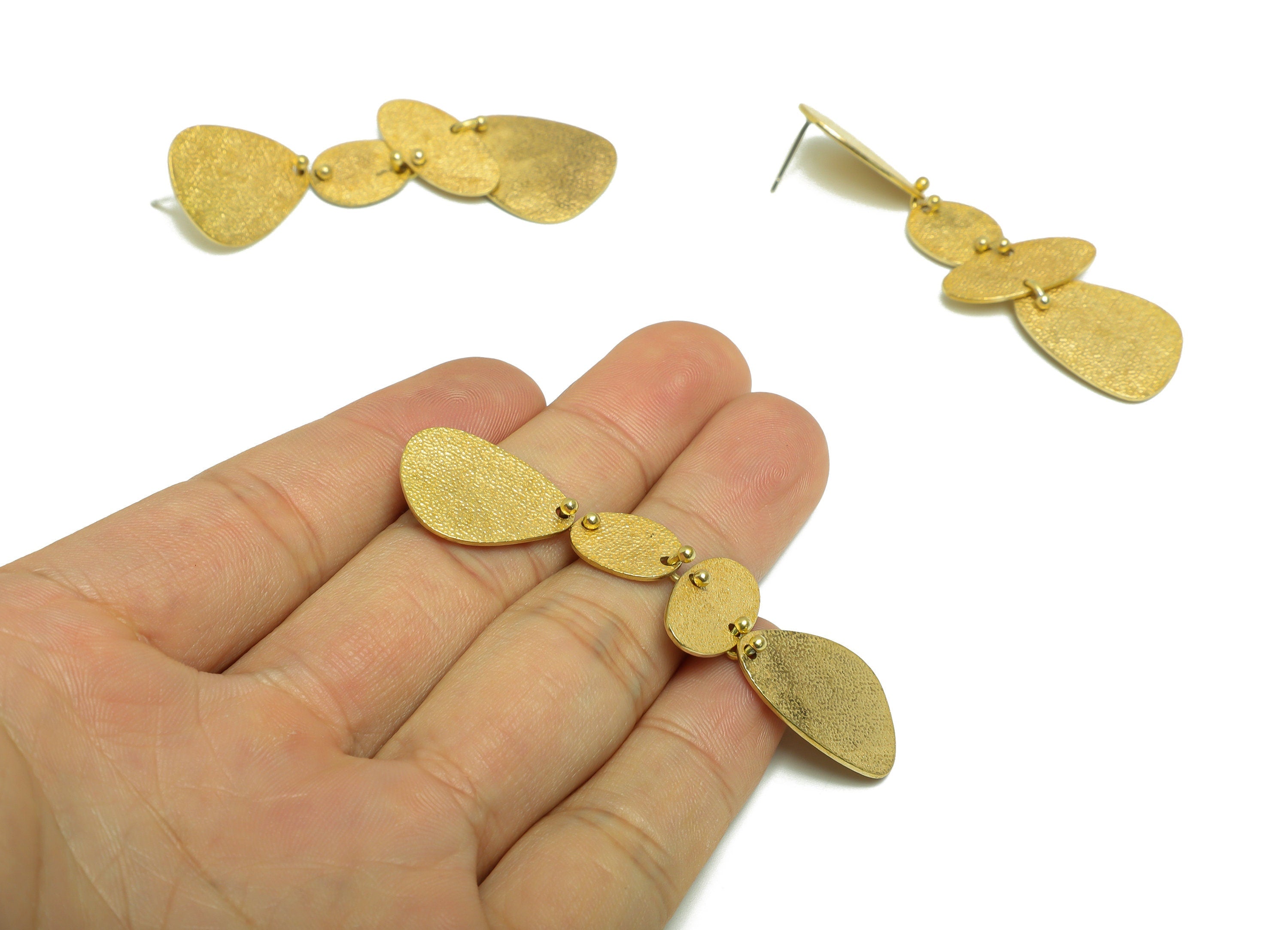 Brass Textured Dangle Earring Stud - Raw Brass Hang Oval Earring Post - Geometry Link Earring Post - Textured Earring - 66x20x0.7mm - PP9371 - DOMEDBAZAAR