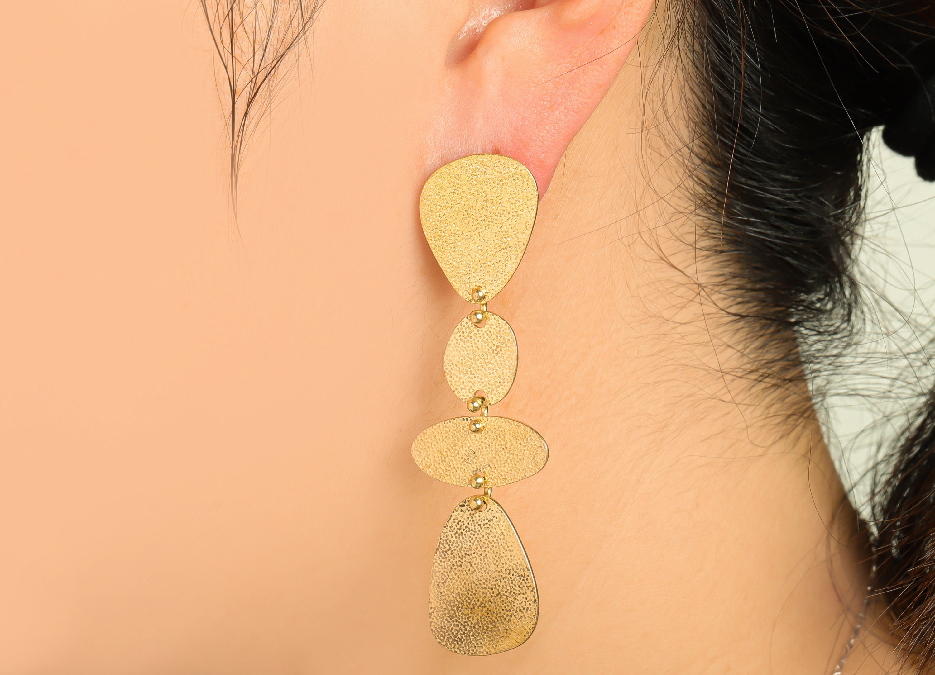 Brass Textured Dangle Earring Stud - Raw Brass Hang Oval Earring Post - Geometry Link Earring Post - Textured Earring - 66x20x0.7mm - PP9371 - DOMEDBAZAAR