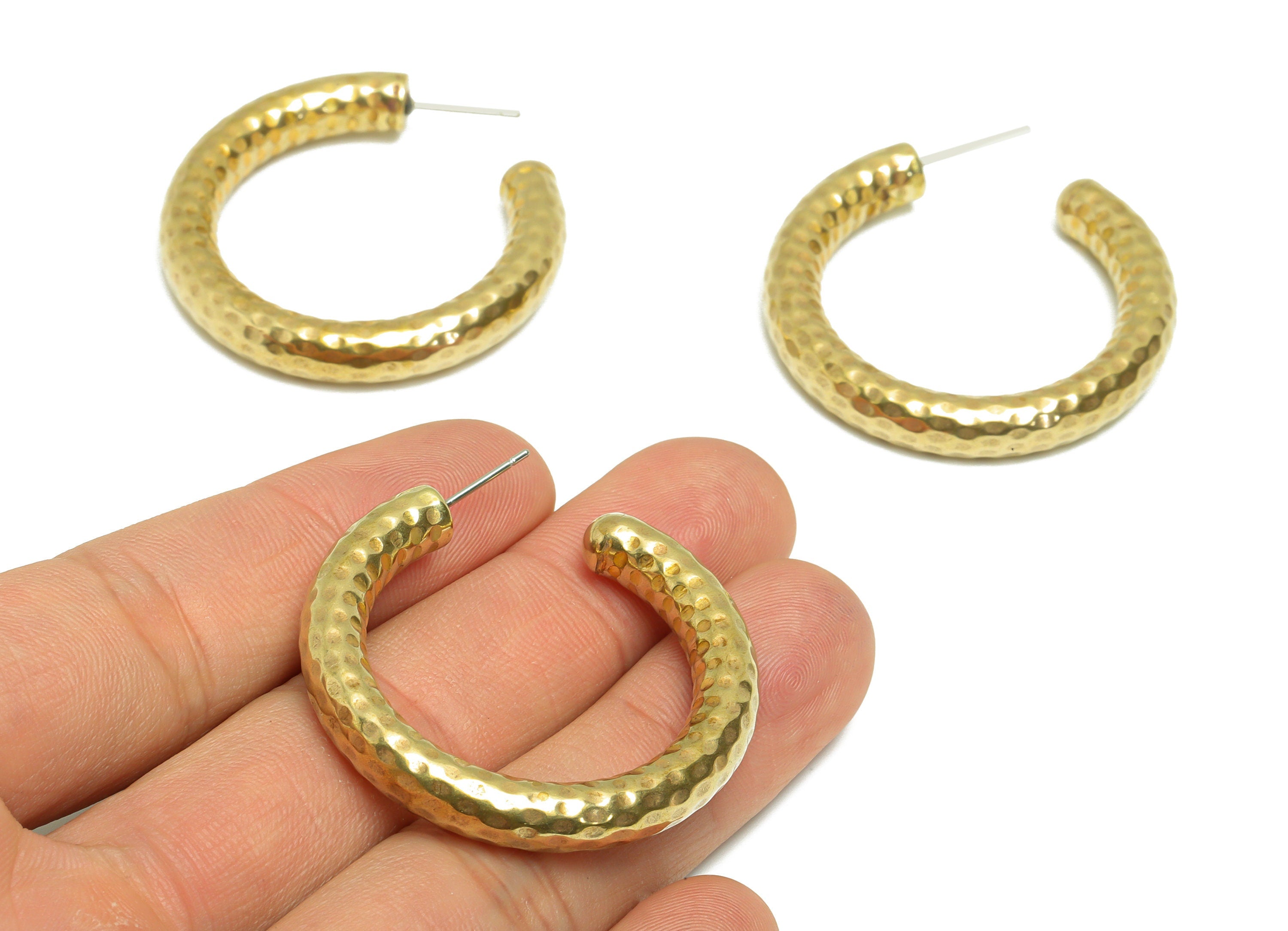 Brass Thick Hoop Earring Stud - Raw Brass Hoop Earring Post - Brass C Thick Hoop Earring Post - Hammered Hoop Earring - 40x39x6.1mm - PP9412 - DOMEDBAZAAR