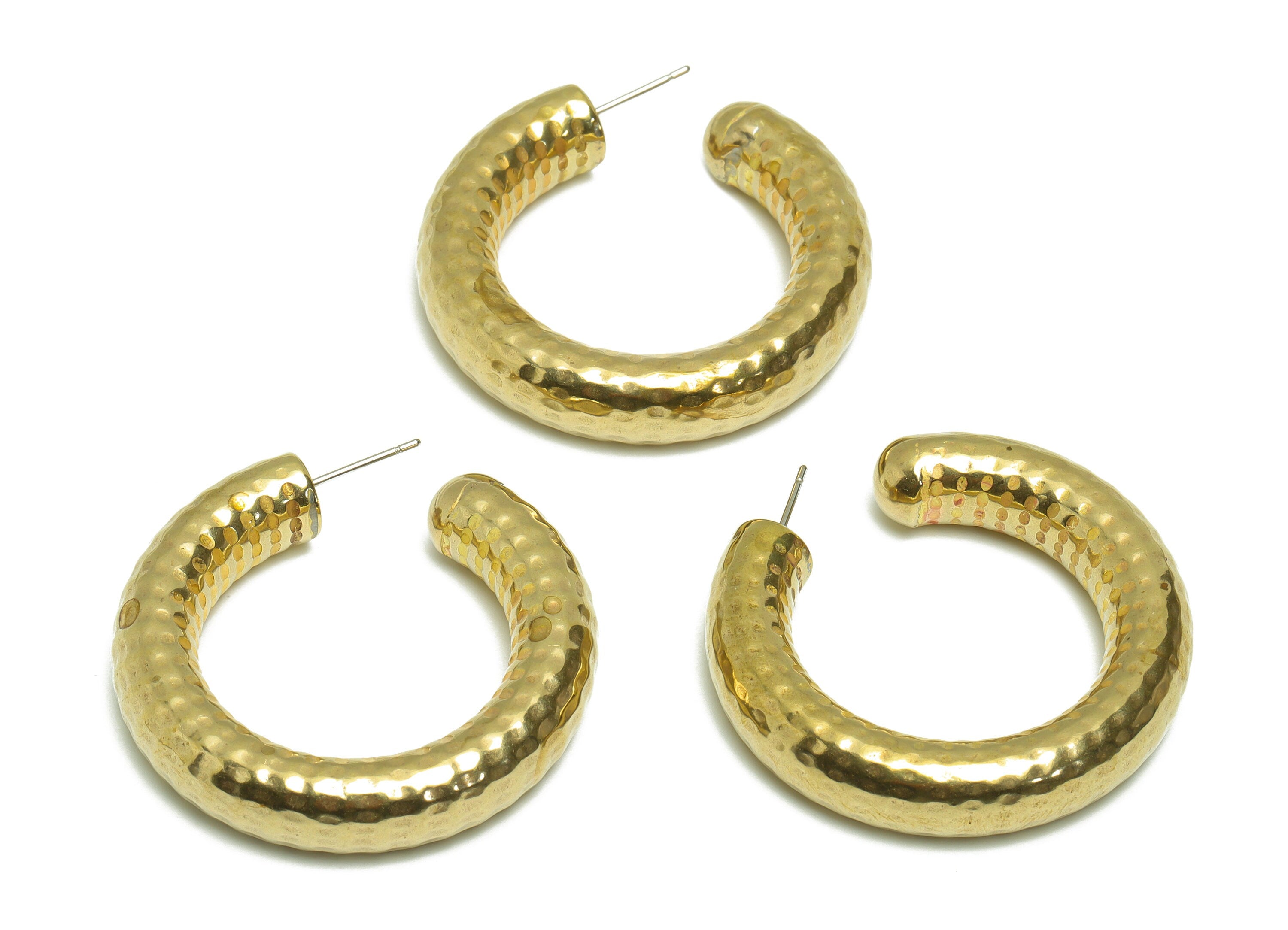 40mm Gold C Hoop Earring Stud - Raw Brass Hoop Earring Post - Brass C Thick Hoop Earring Post - Hammered Hoop Earring - 40.7x40x8mm - PP9411 - DOMEDBAZAAR