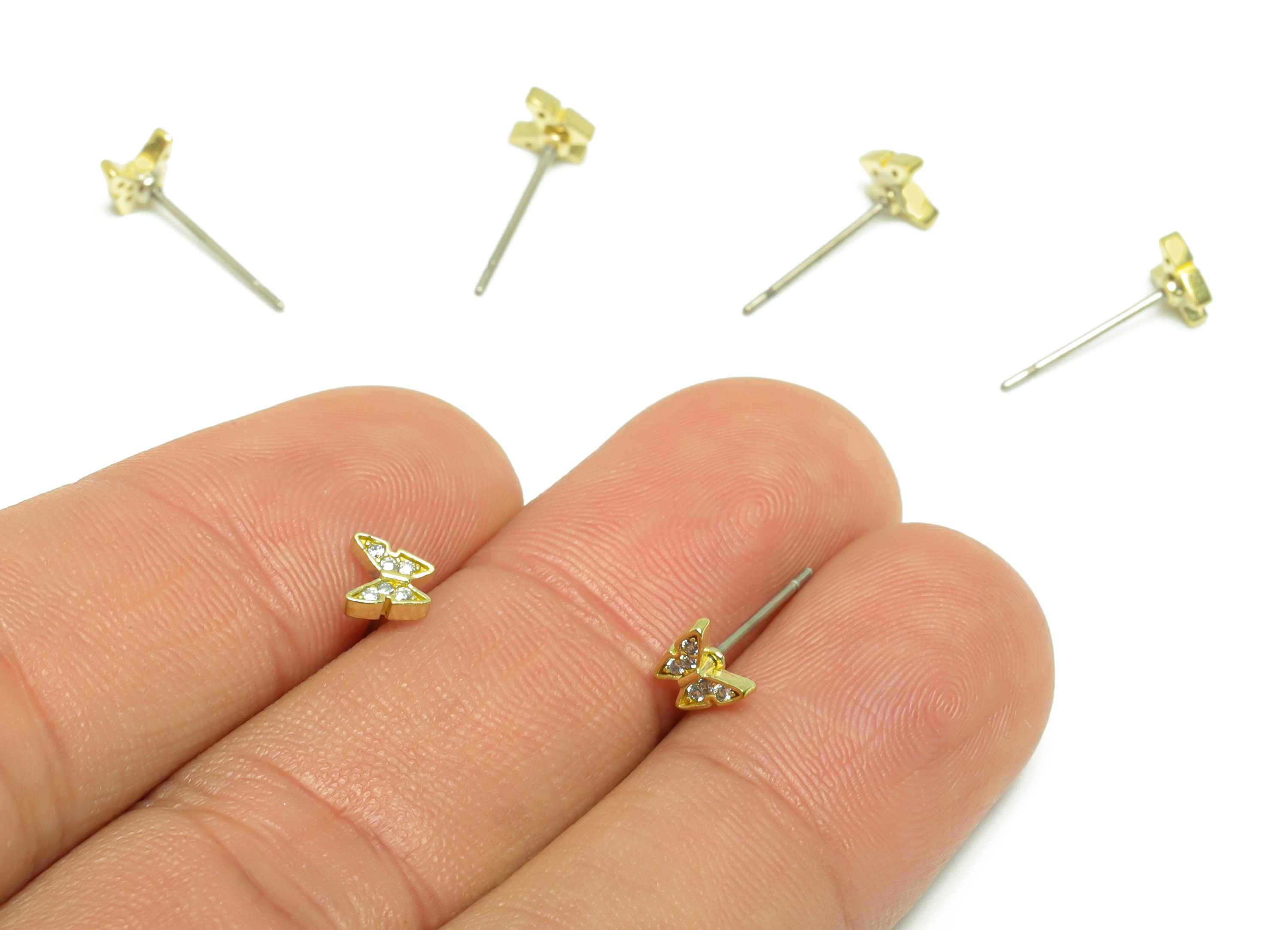 Brass CZ Butterfly Earring Stud - Raw Brass Zircon Earring Post - Mini Earring Post - Cubic Zircon Butterfly Earring - 13.81x4x1mm - PP9496 - DOMEDBAZAAR