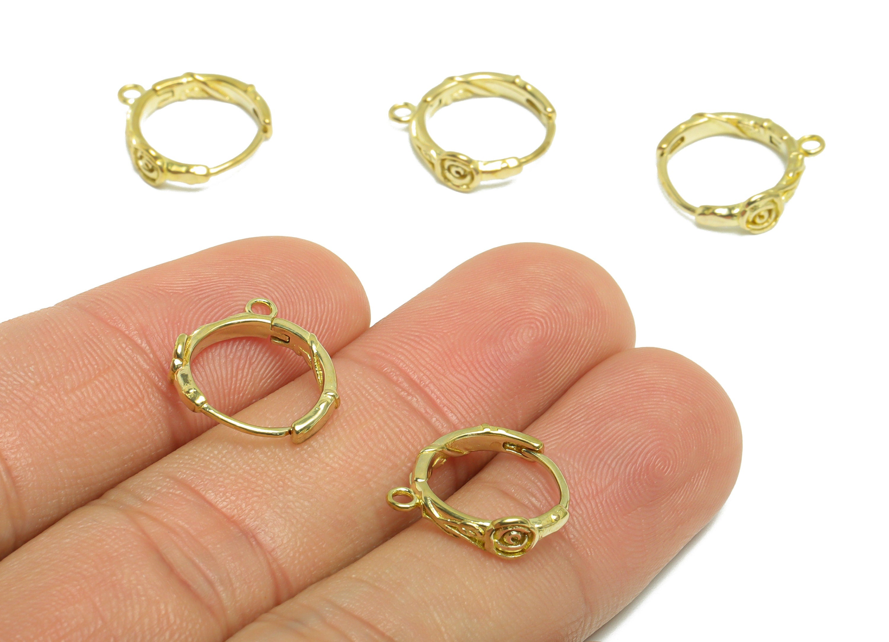 Flower Huggie Earring - Raw Brass Rose Earring Clasp - Brass Hoop Clasp Earring - Clasp Huggie Earring With Loop - 15.48x14.21x2mm - PP9495 - DOMEDBAZAAR