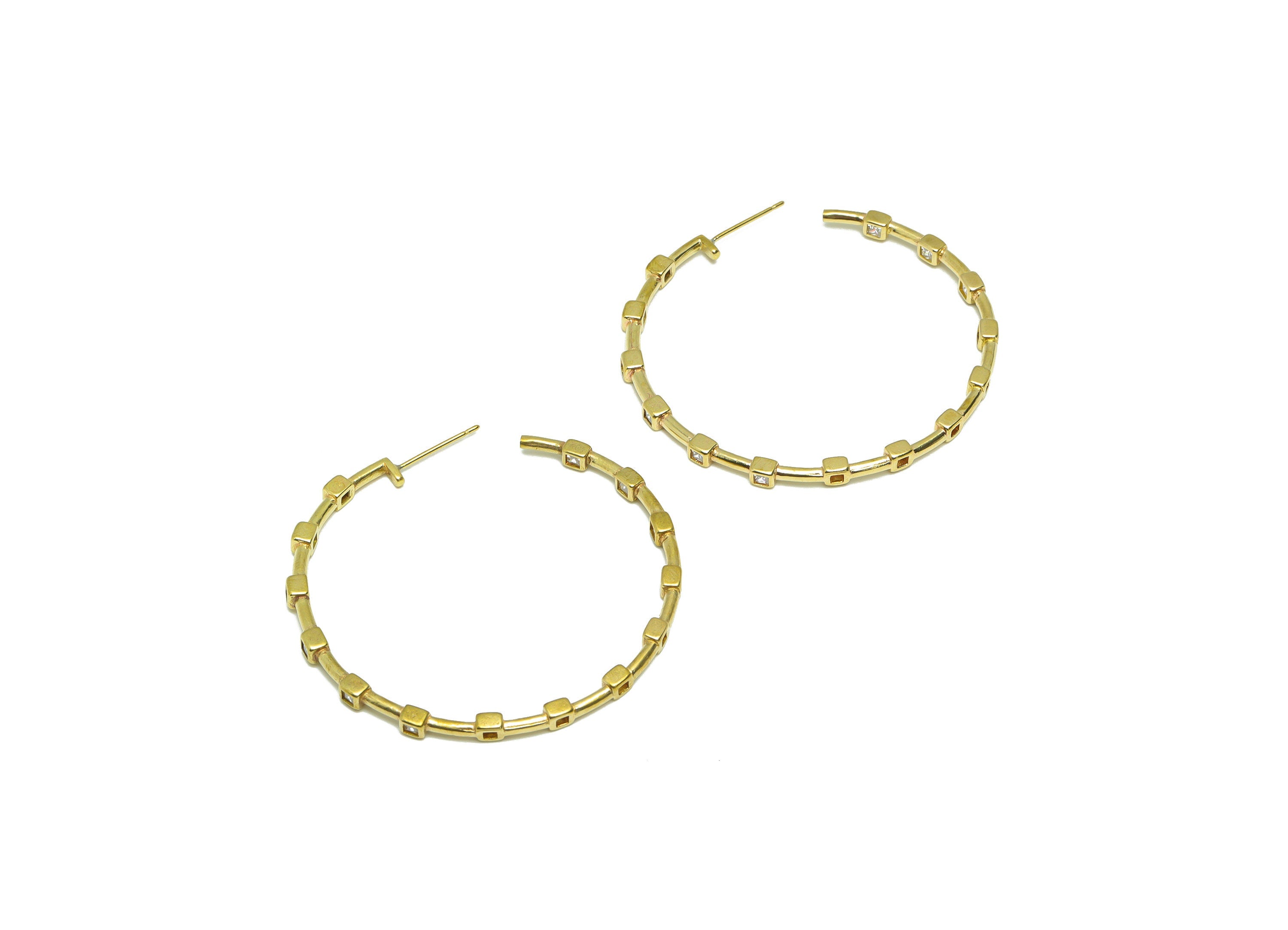 Brass Cube C Hoop Earring Stud - Raw Brass Open Hoop Zircon Earring Post - Brass Beads Zircon Hoop Earring Post - 44.23x44.23x2.7mm - PP9312 - DOMEDBAZAAR