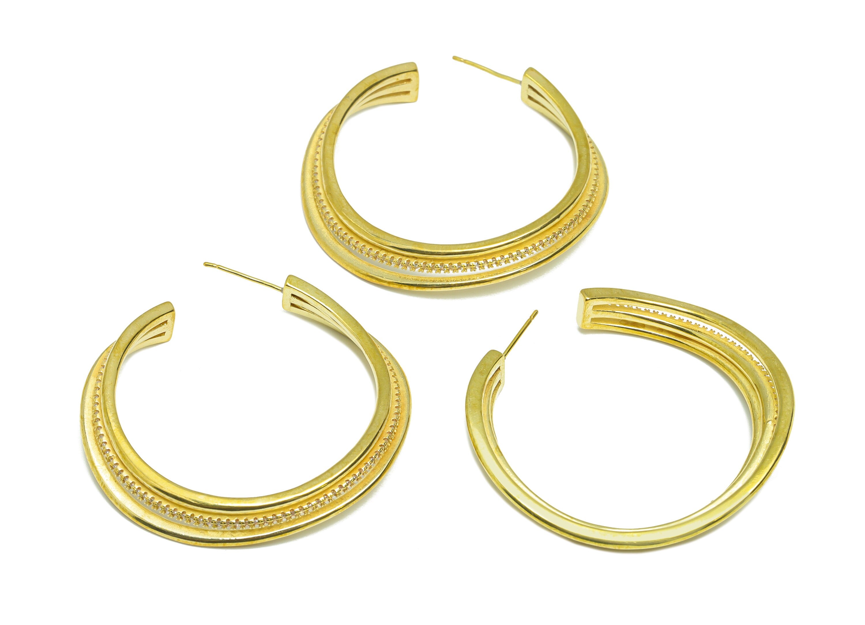 Brass Wire C Hoop Earring Stud - Raw Brass Open Hoop Zircon Earring Post - Brass 3 Wire Cubic Zircon Earring Post - 41x41x2.22mm - PP9328 - DOMEDBAZAAR