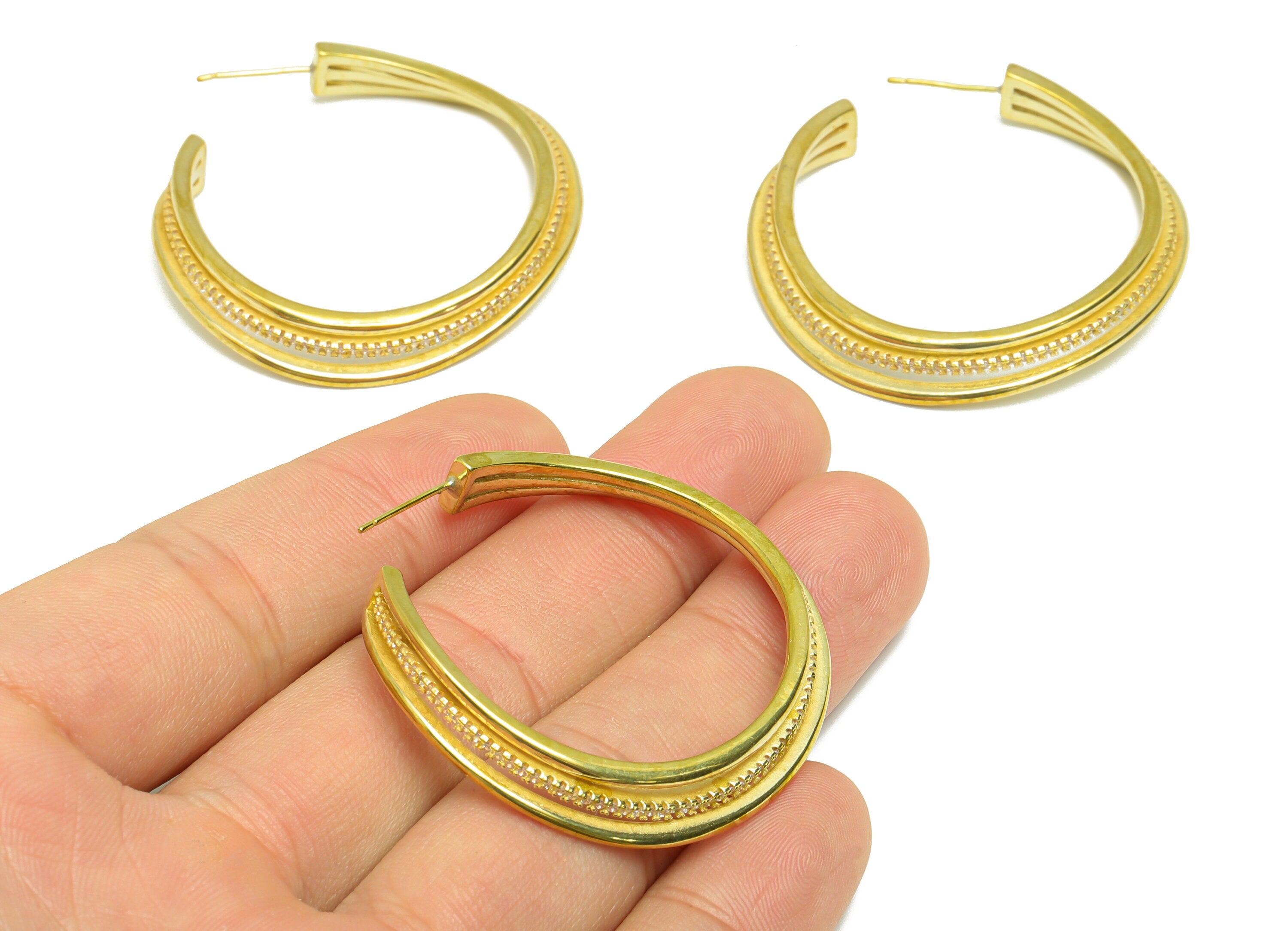 Brass Wire C Hoop Earring Stud - Raw Brass Open Hoop Zircon Earring Post - Brass 3 Wire Cubic Zircon Earring Post - 41x41x2.22mm - PP9328 - DOMEDBAZAAR