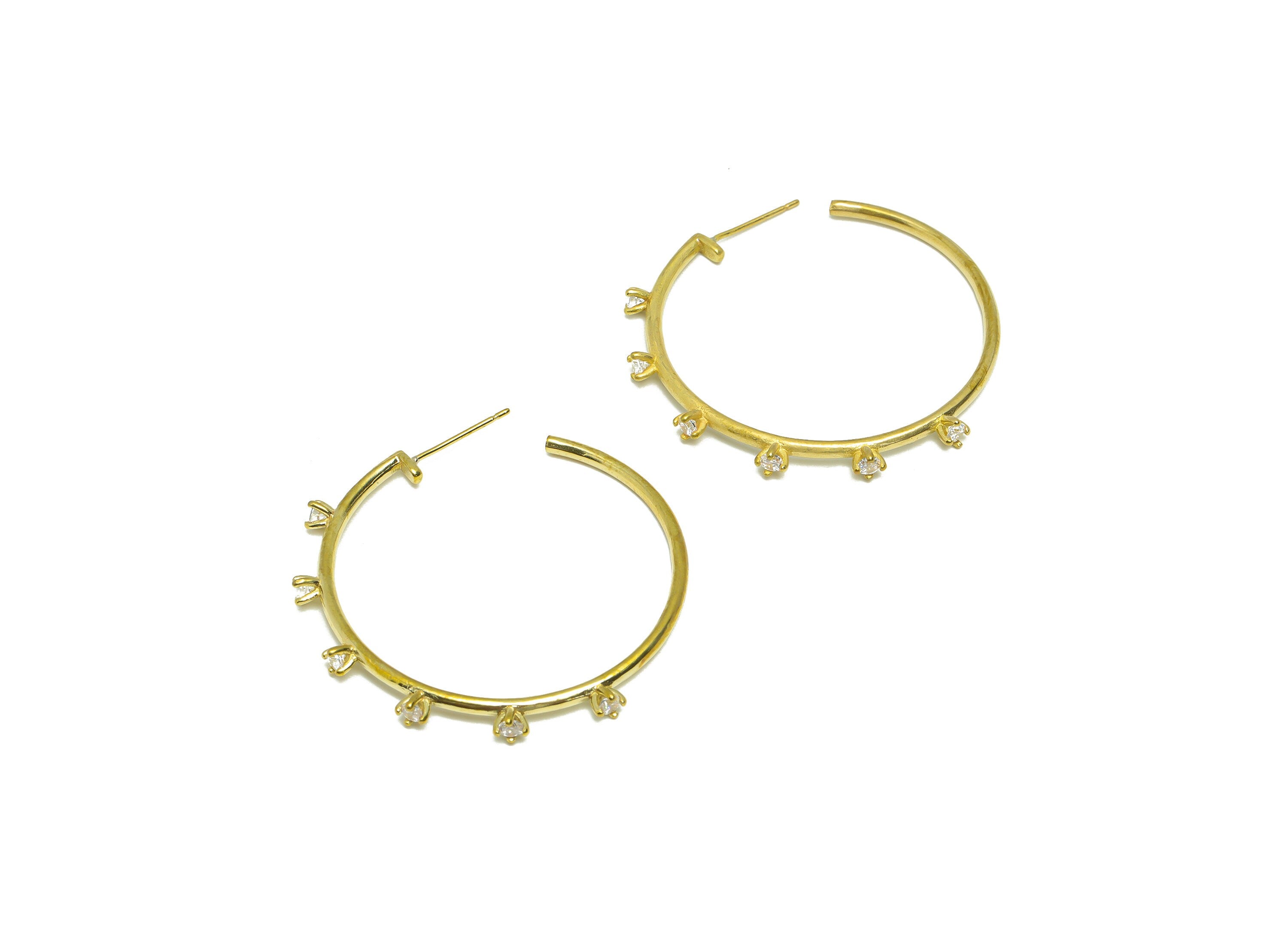 Brass CZ C Hoop Earring Stud - Raw Brass Open Hoop Zircon Earring Post - Brass CZ Zircon Hoop Earring Post - 39x39x4.47mm- PP9313 - DOMEDBAZAAR
