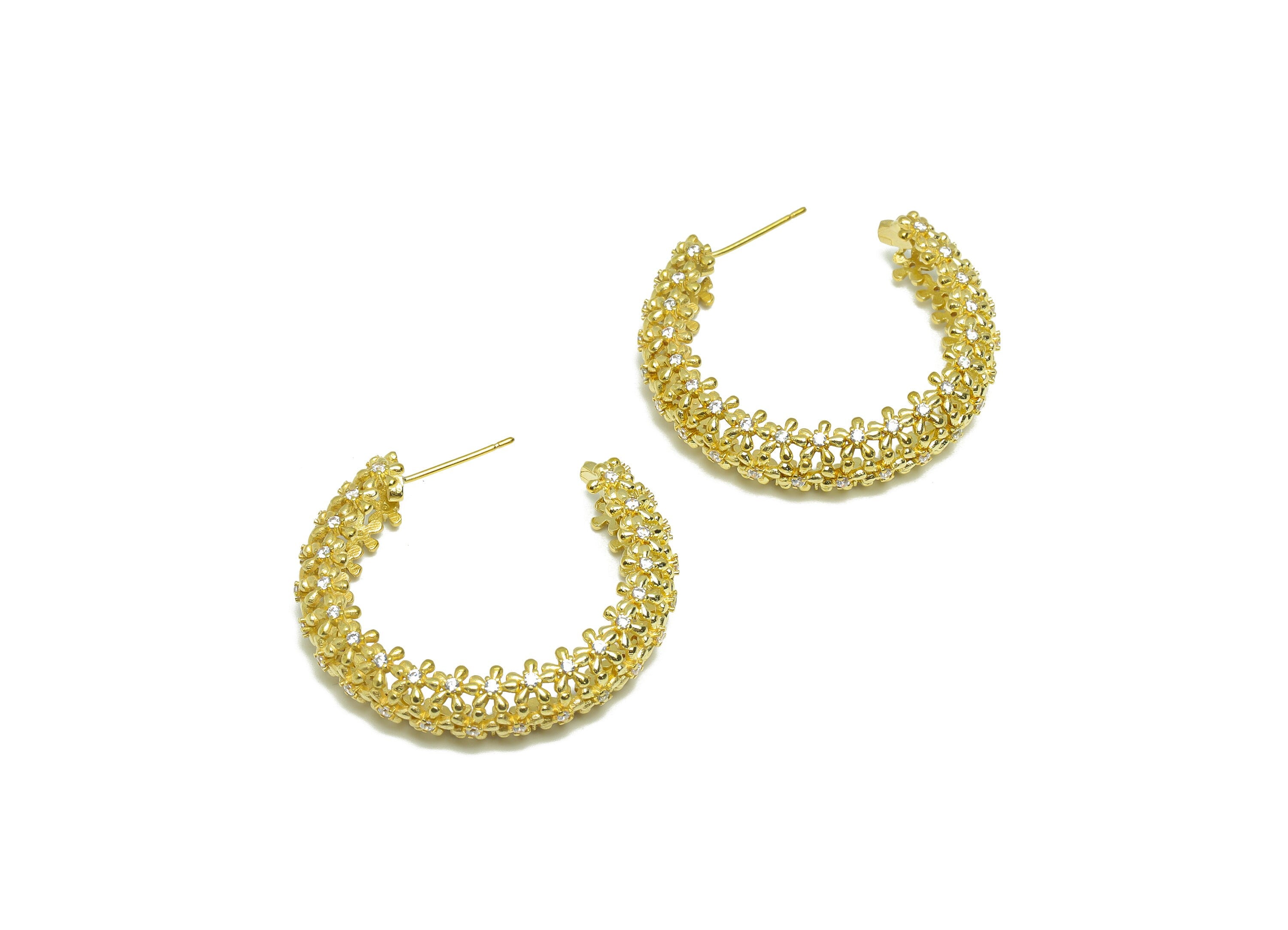 Brass Flower C Hoop Earring Stud - Raw Brass Open Hoop Zircon Earring Post - Brass Daisy Zircon Hoop Earring Post - 36x36x4.39mm - PP9331 - DOMEDBAZAAR