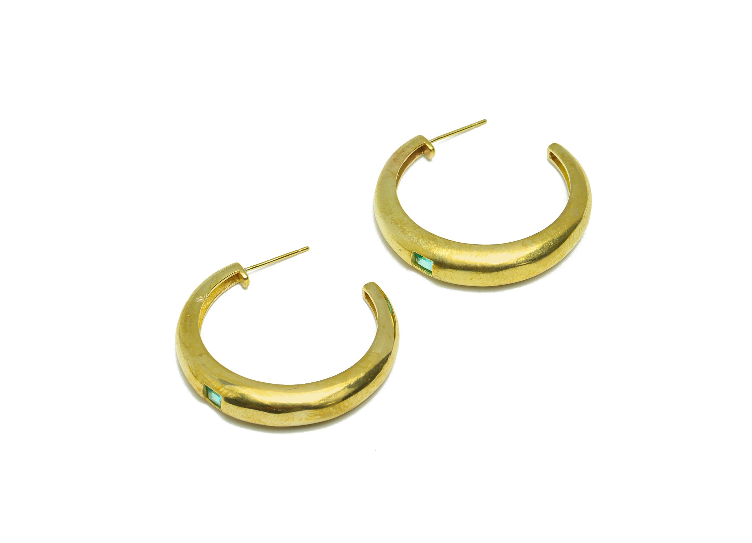 Brass Square C Hoop Earring Stud - Raw Brass Open Hoop Green Zircon Earring Post - Brass Thick Zircon Hoop Earring Post - 32x6x4mm - PP9338 - DOMEDBAZAAR