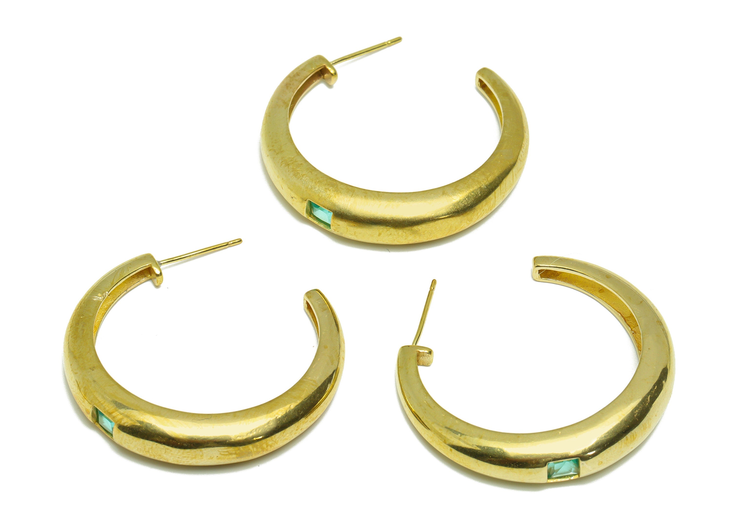 Brass Square C Hoop Earring Stud - Raw Brass Open Hoop Green Zircon Earring Post - Brass Thick Zircon Hoop Earring Post - 32x6x4mm - PP9338 - DOMEDBAZAAR