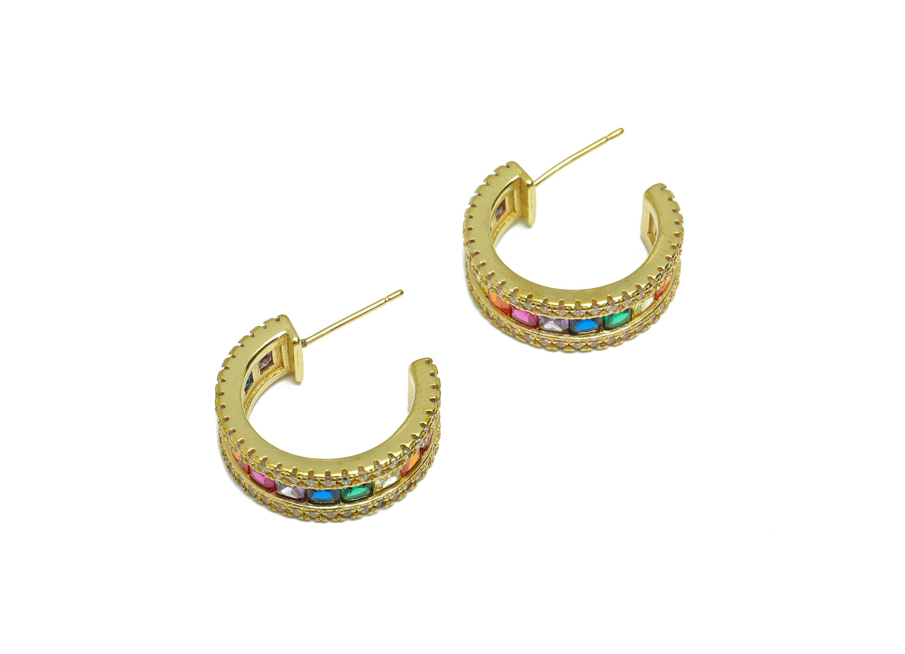 Brass Rainbow C Hoop Earring Stud - Raw Brass Rainbow Open Hoop Zircon Earring Post - Thick Zircon Hoop Earring Post - 21x7x2mm -PP9324 - DOMEDBAZAAR