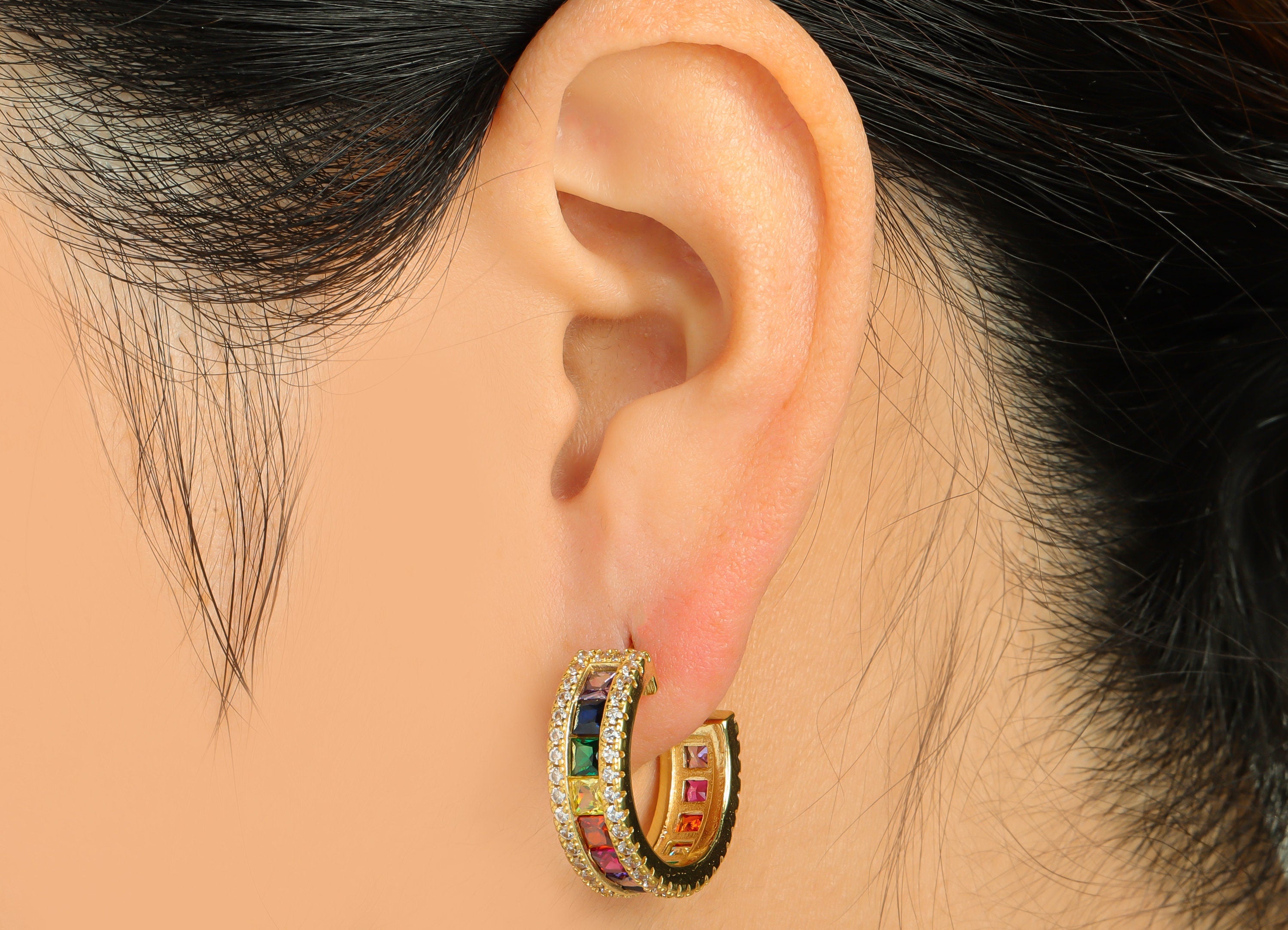 Brass Rainbow C Hoop Earring Stud - Raw Brass Rainbow Open Hoop Zircon Earring Post - Thick Zircon Hoop Earring Post - 21x7x2mm -PP9324 - DOMEDBAZAAR