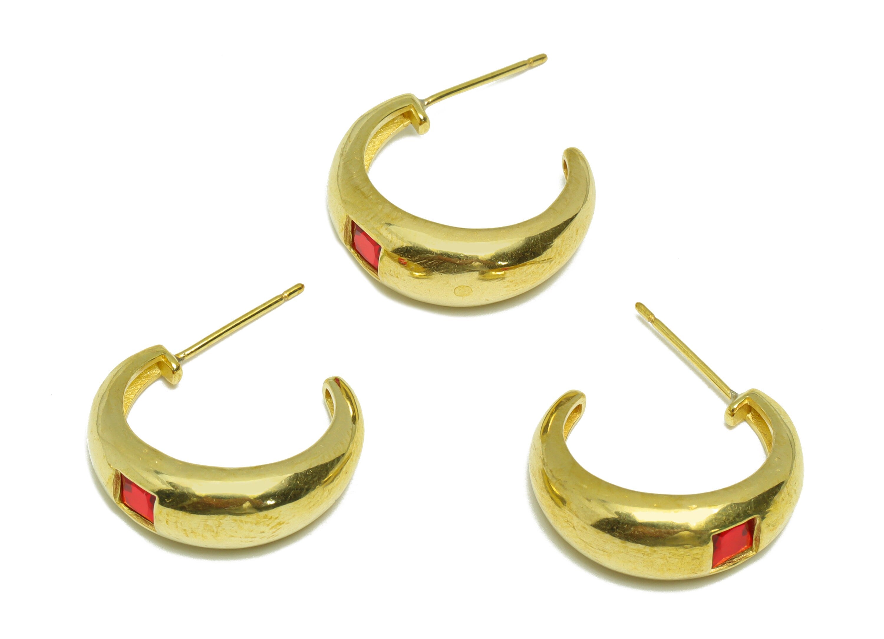 Brass C Hoop Earring Stud - Raw Brass Open Hoop Pink Zircon Earring Post - Brass Thick Zircon Hoop Earring Post - 24.7x6x3mm - PP9337 - DOMEDBAZAAR