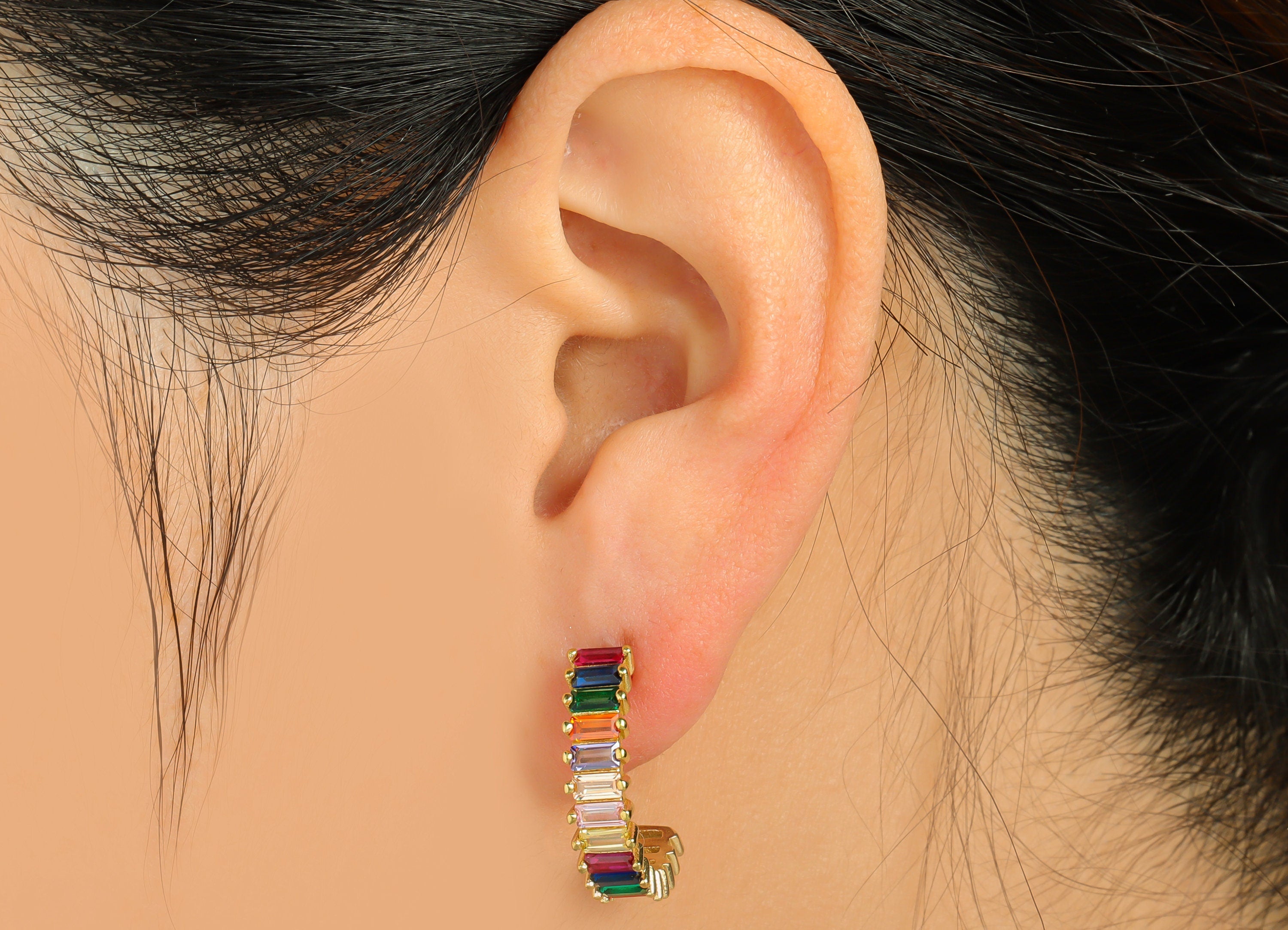 Rectangle CZ C Hoop Earring - Raw Brass Rainbow Open Hoop Zircon Earring Post - Thick Zircon Hoop Earring Post - 18.7x22x2mm -PP9335 - DOMEDBAZAAR