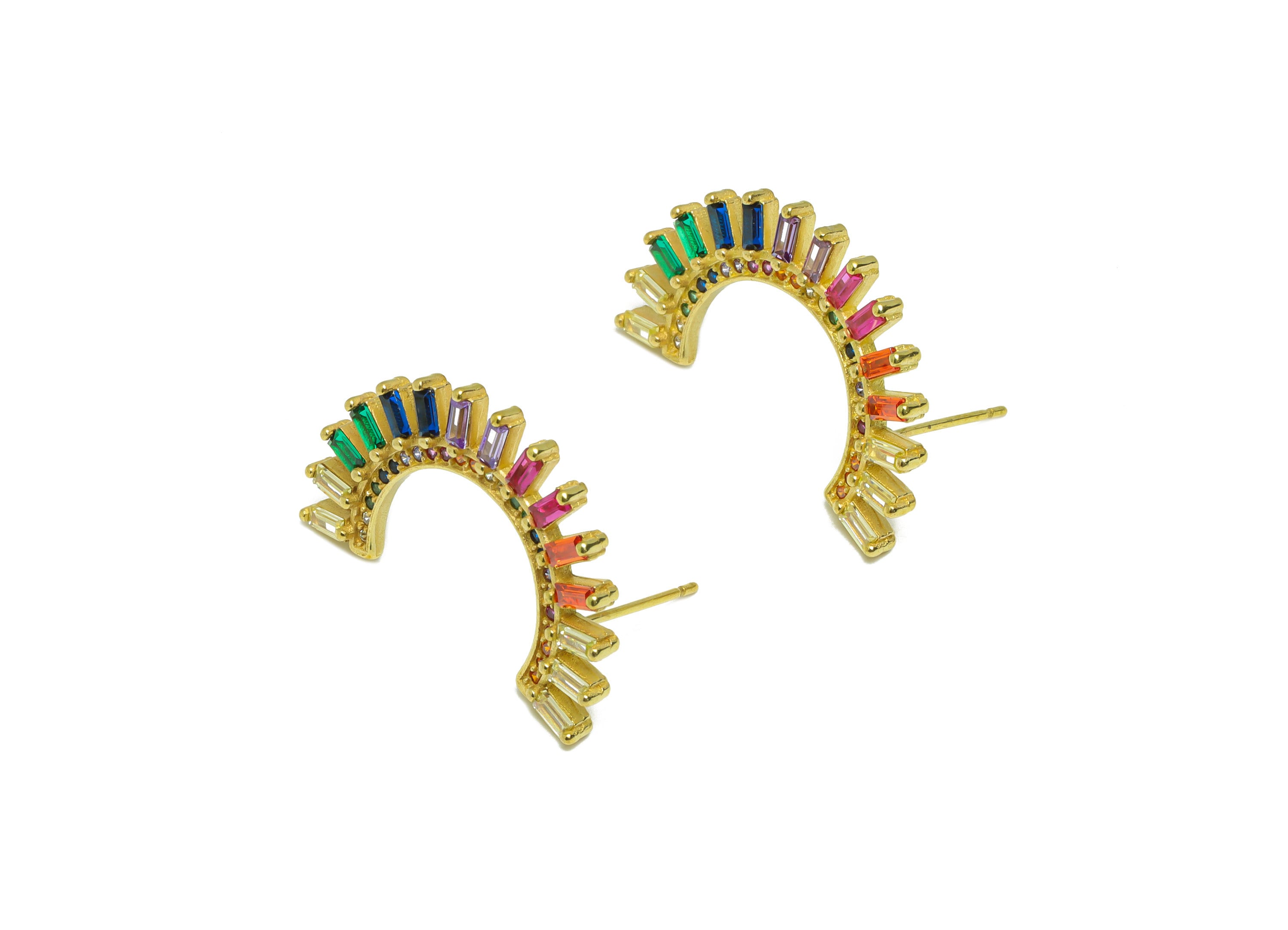 Rectangle CZ C Hoop Earring - Raw Brass Rainbow Open Hoop Zircon Earring Post - Zircon C Hoop Earring Post - 14.73x26.46x2.54mm -PP9323 - DOMEDBAZAAR