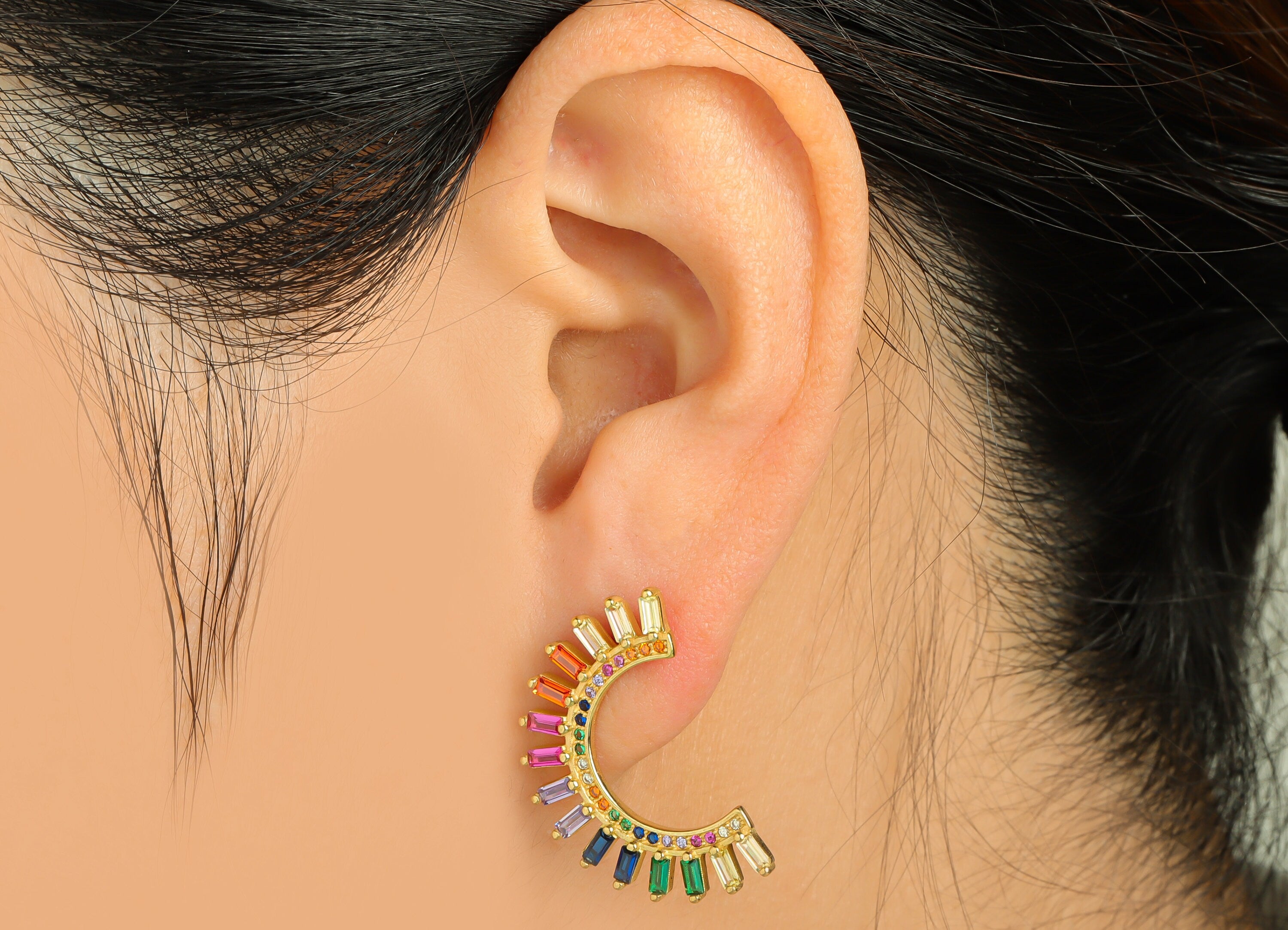 Rectangle CZ C Hoop Earring - Raw Brass Rainbow Open Hoop Zircon Earring Post - Zircon C Hoop Earring Post - 14.73x26.46x2.54mm -PP9323 - DOMEDBAZAAR