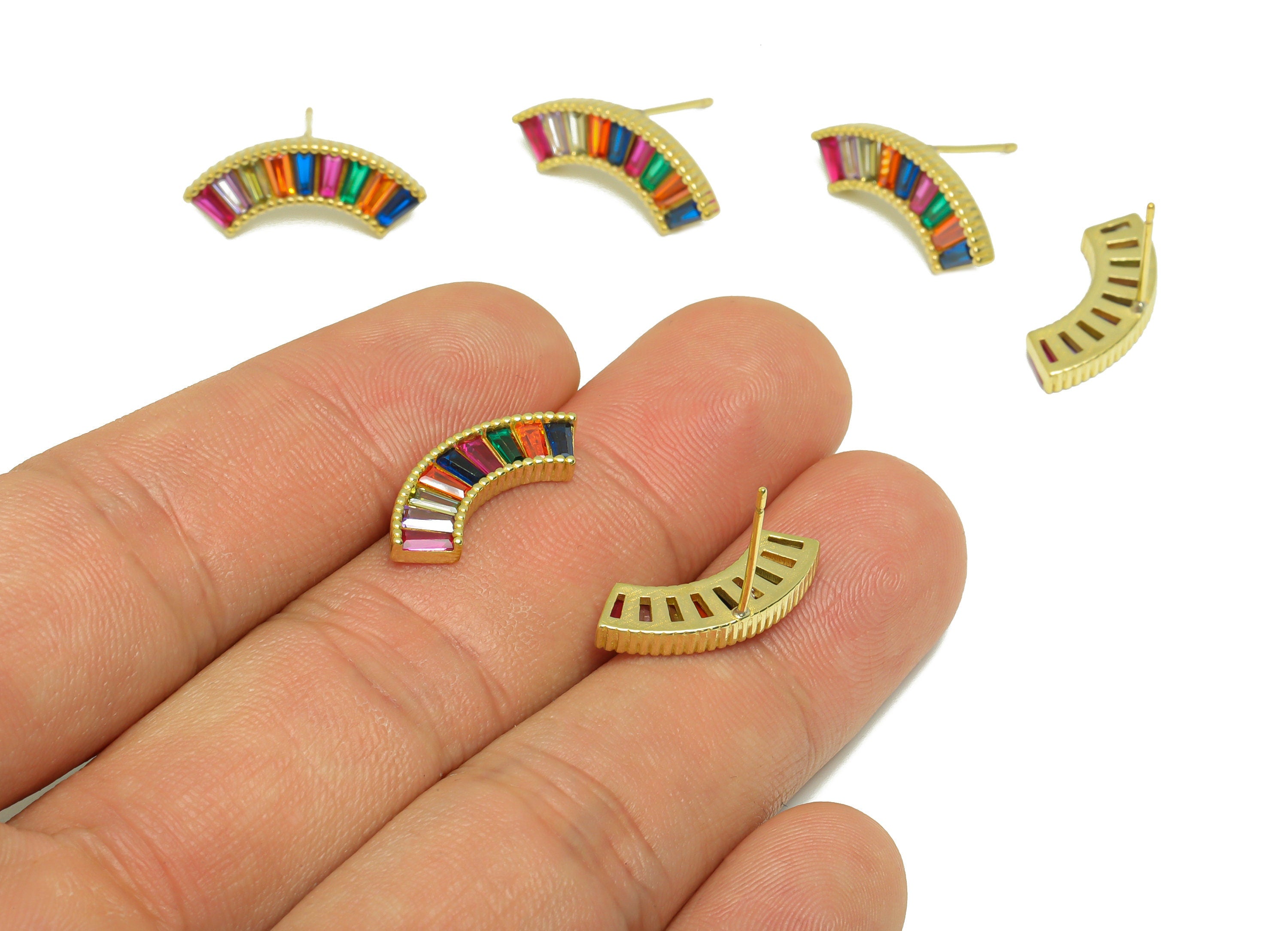 Rectangle CZ Curved Bar Earring - Raw Brass Rainbow Curved Stick Zircon Earring Post - Zircon Stick Earring Post - 14.61x20x2.4mm - PP9317 - DOMEDBAZAAR