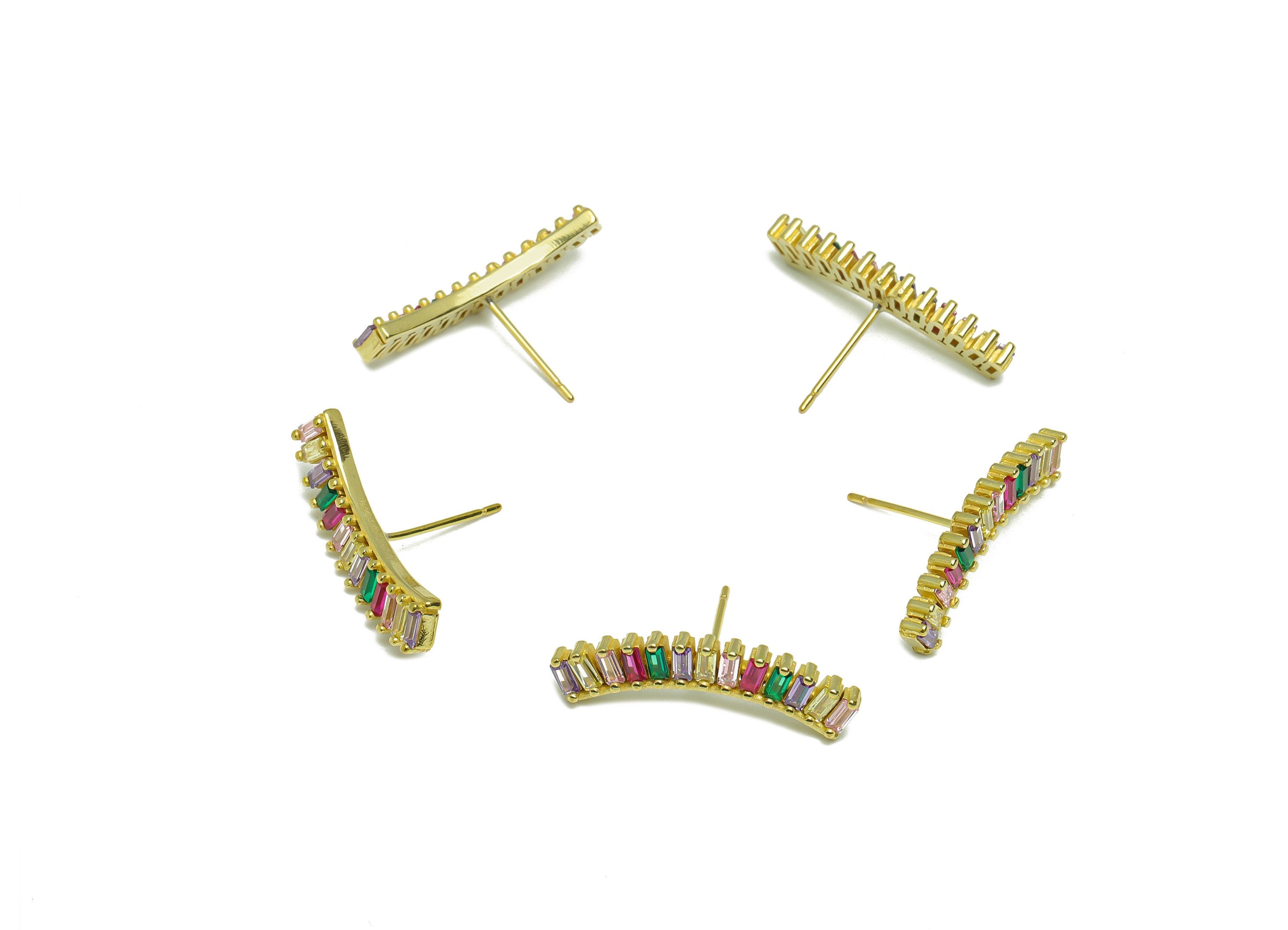Rectangle CZ Curved Bar Earring - Raw Brass Rainbow Curved Stick Zircon Earring Post - Zircon Stick Earring Post - 16x25.12x2.47mm - PP9318 - DOMEDBAZAAR