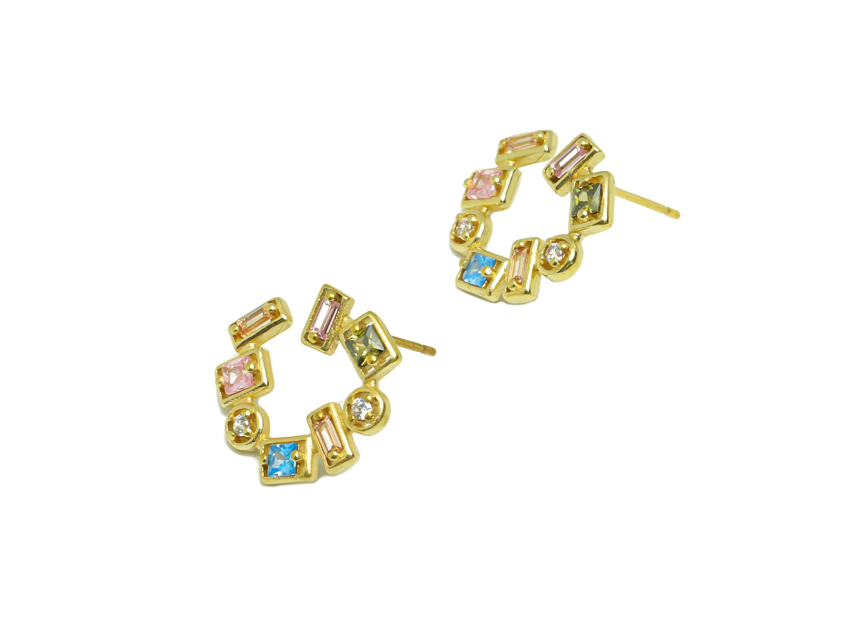 Brass CZ Geometric Rainbow Earring - Raw Brass Rainbow Open Hoop Zircon Earring Post - Geometry Zircon Hoop Earring Post - 14x16x2mm -PP9327 - DOMEDBAZAAR