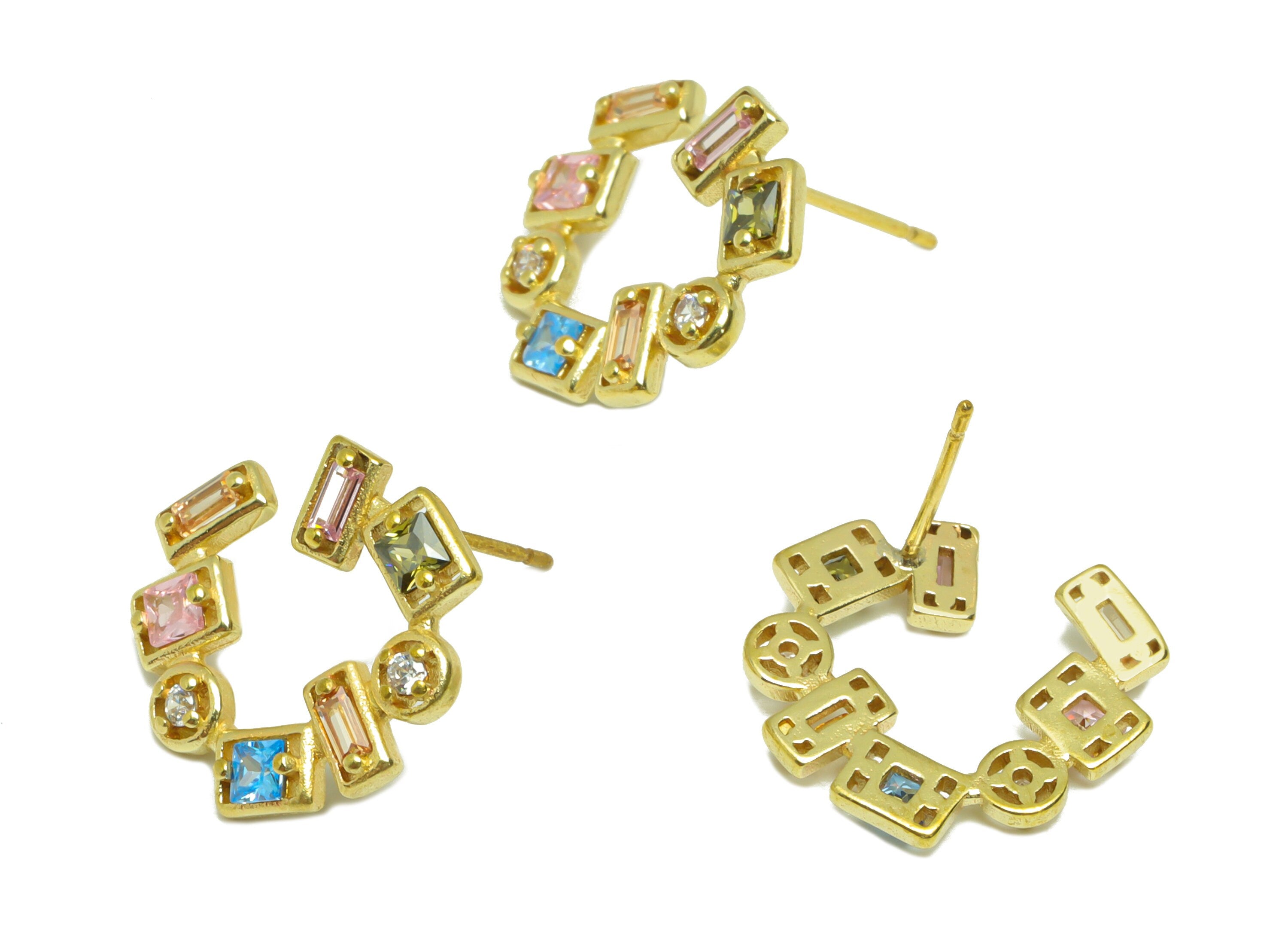 Brass CZ Geometric Rainbow Earring - Raw Brass Rainbow Open Hoop Zircon Earring Post - Geometry Zircon Hoop Earring Post - 14x16x2mm -PP9327 - DOMEDBAZAAR