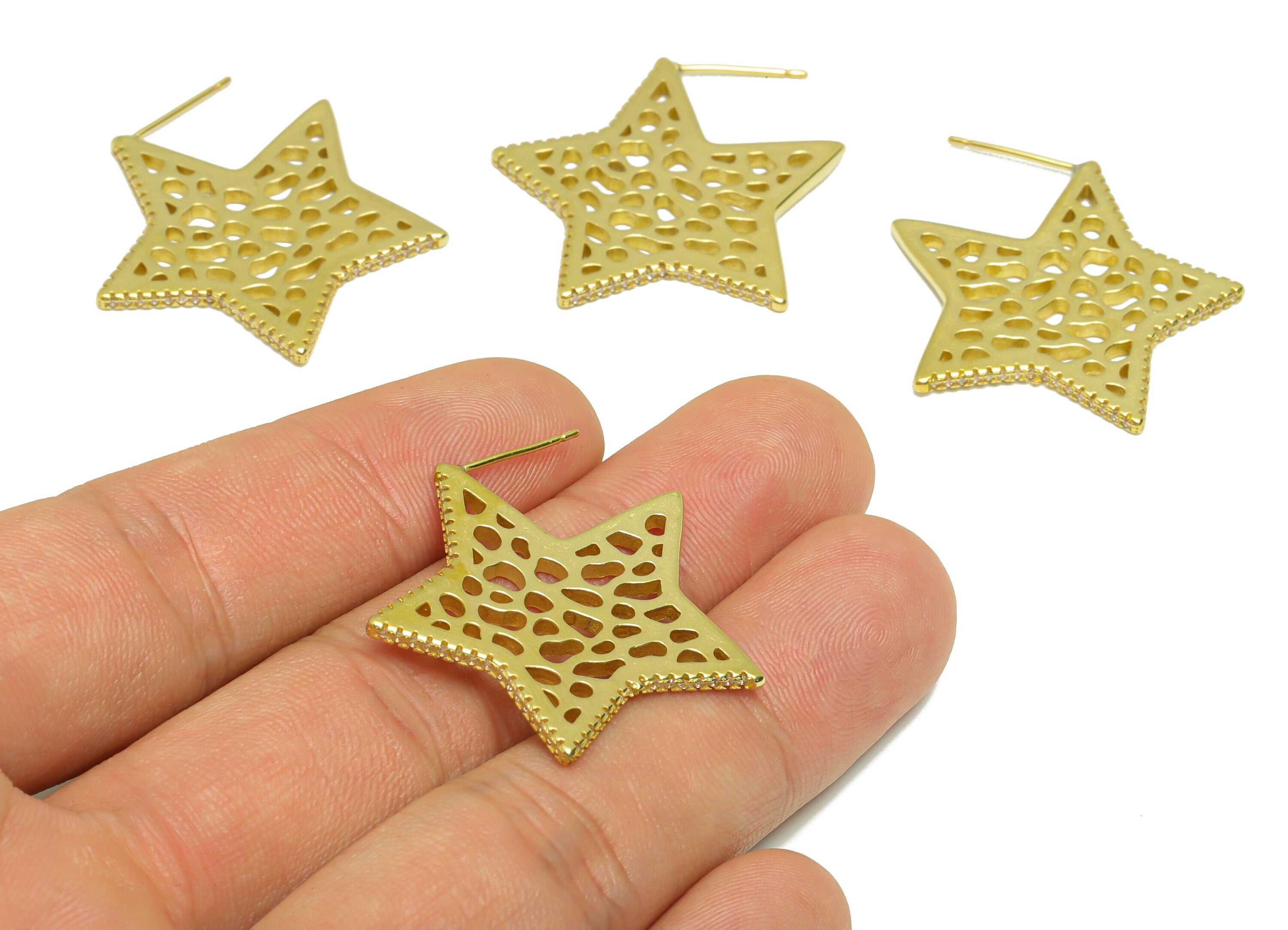 Brass Textured Star Earring Stud - Raw Brass Hollow Star Earring Post - Star CZ Earring Post - Star Cubic Zircon Earring - 30x31x1mm -PP9336 - DOMEDBAZAAR
