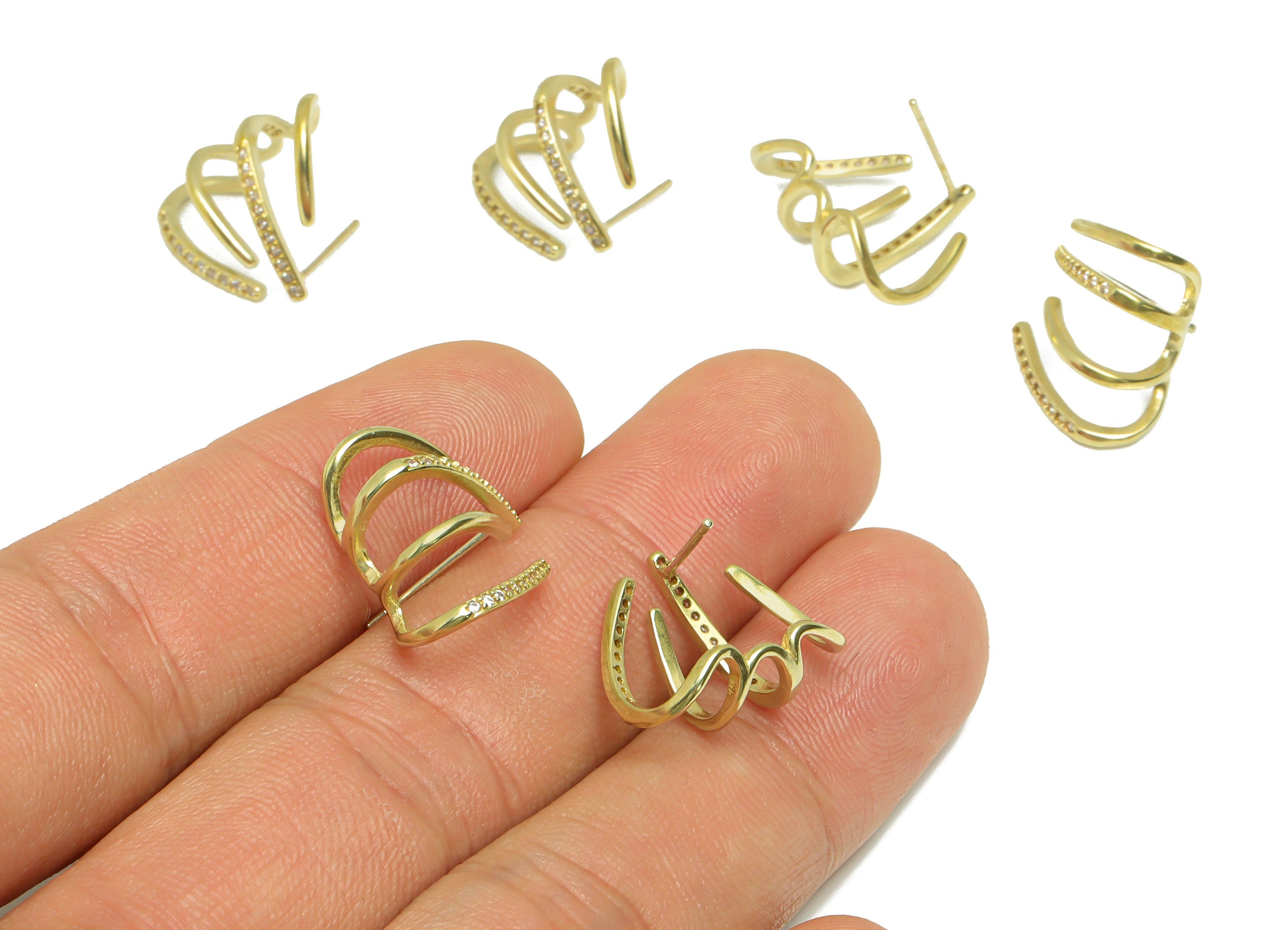 Brass CZ Hoop Earring Stud - Raw Brass Bent Wire Earring Post - Brass Bent CZ Earring Post - Cubic Zircon Earring - 14.55x18x1.42mm - PP9329 - DOMEDBAZAAR