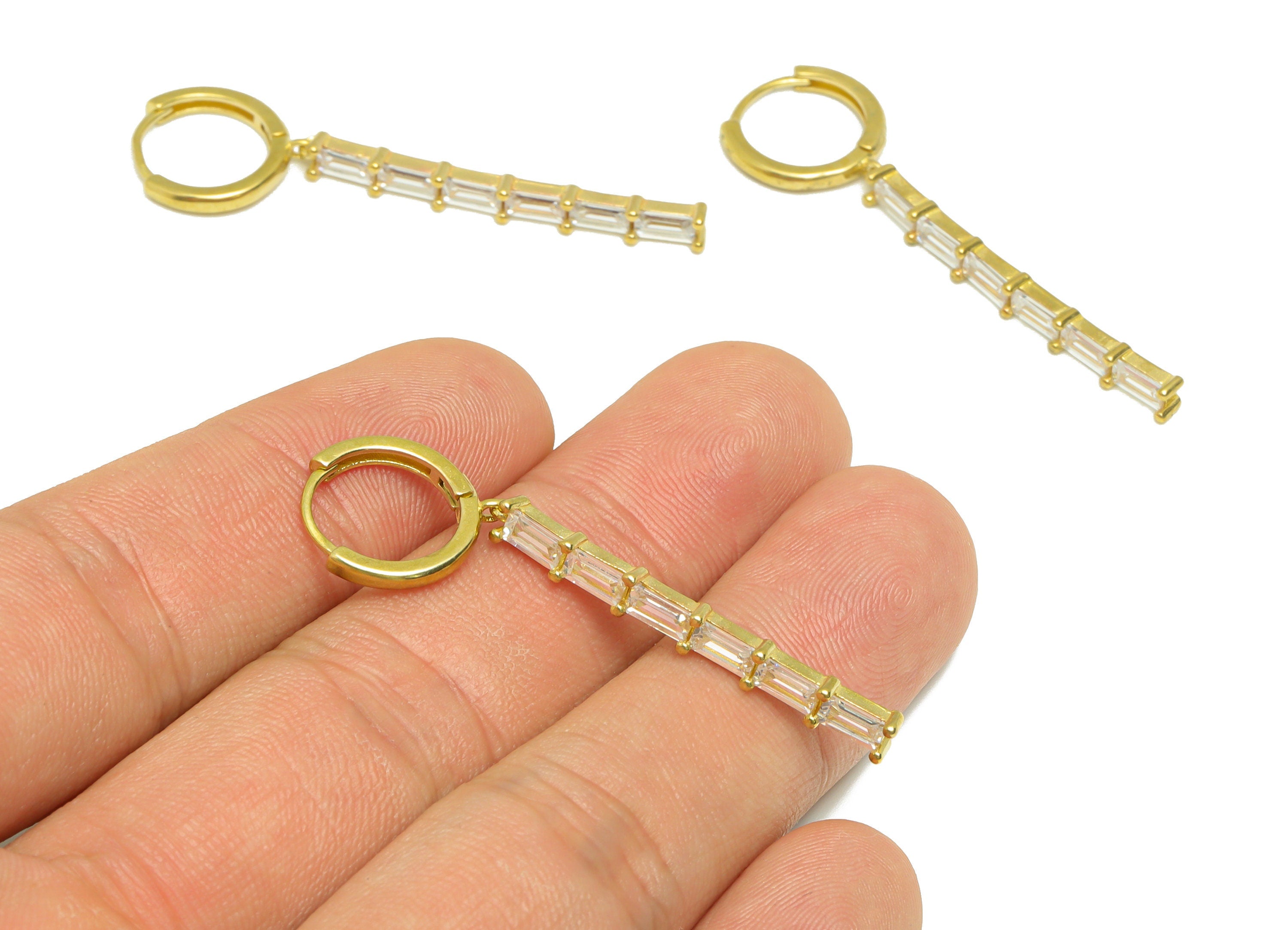 Stick CZ Huggie Hoop Earring - Raw Brass CZ Bar Dangle Earring Clasp - Brass Stick Hoop Clasp Earring - Zircon Earring - 47x13x2mm-PP9326 - DOMEDBAZAAR