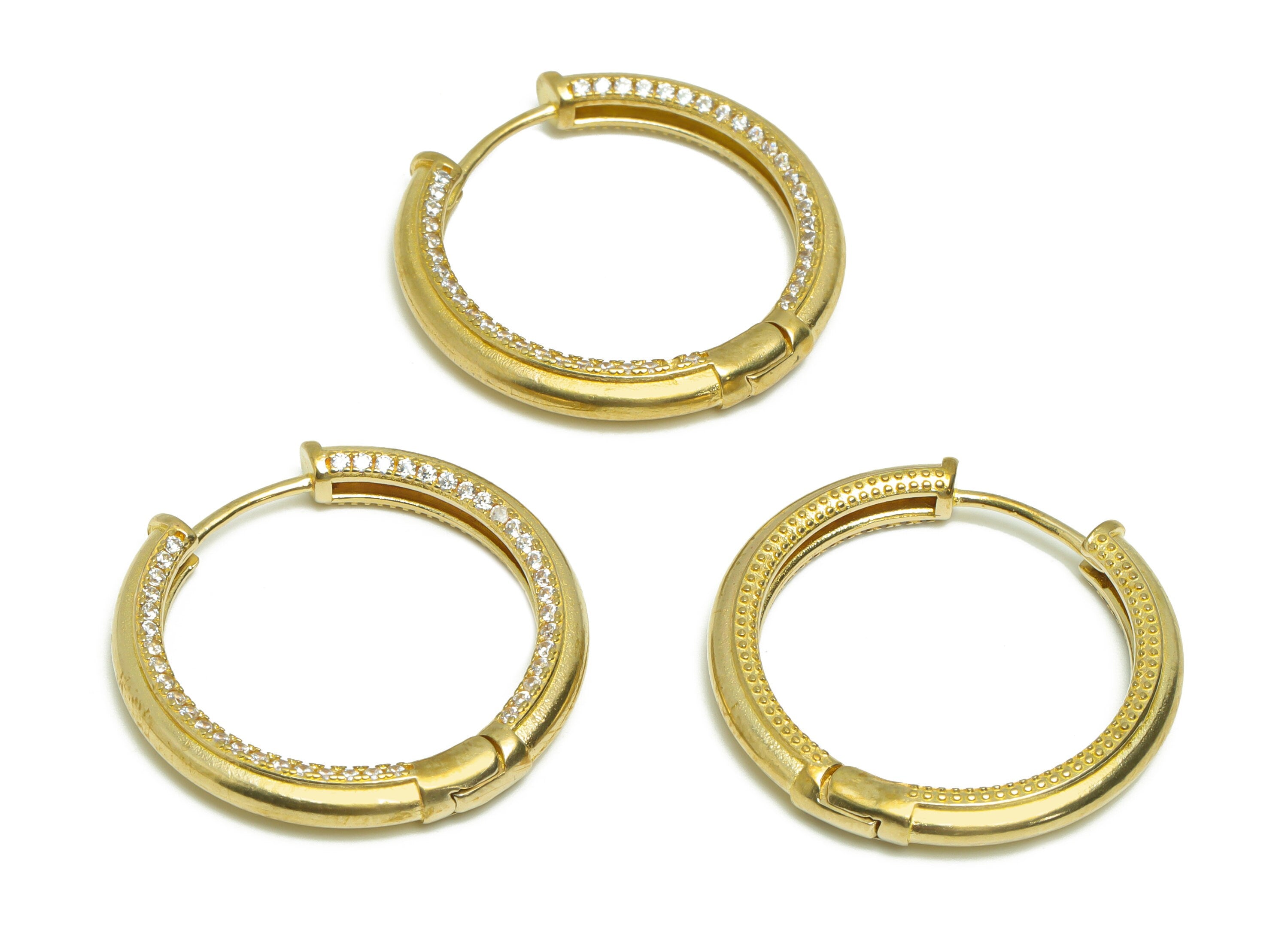 Round CZ Huggie Hoop Earring - Raw Brass Textured Zircon Earring Clasp - Brass Hoop Clasp Earring - Zircon Hoop Earring - 28x28x3mm - PP9334 - DOMEDBAZAAR