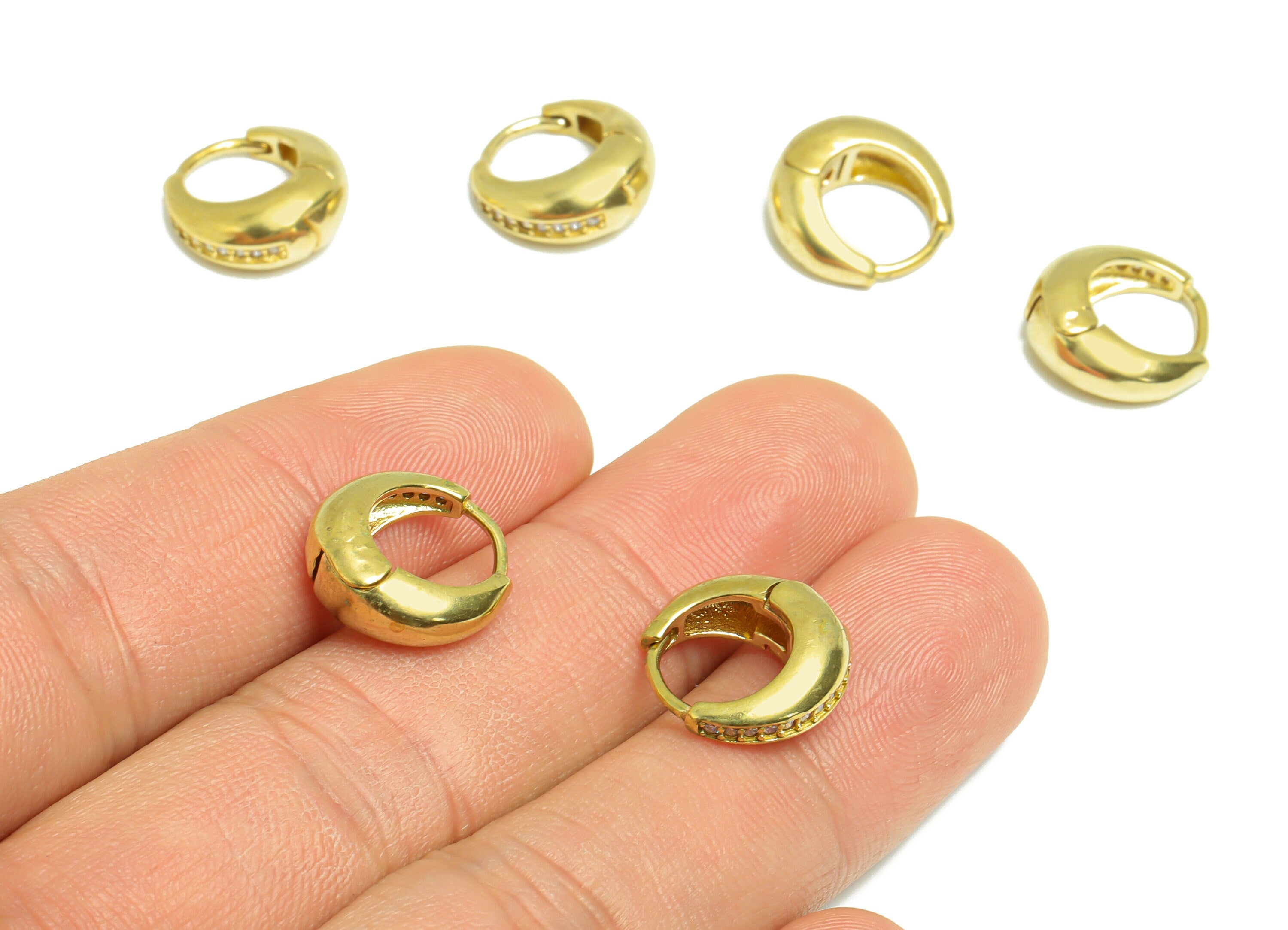 Oval CZ Huggie Hoop Earring - Raw Brass Textured Zircon Earring Clasp - Thick Hoop Clasp Earring - Zircon Hoop Earring - 13x13x4mm - PP9315 - DOMEDBAZAAR