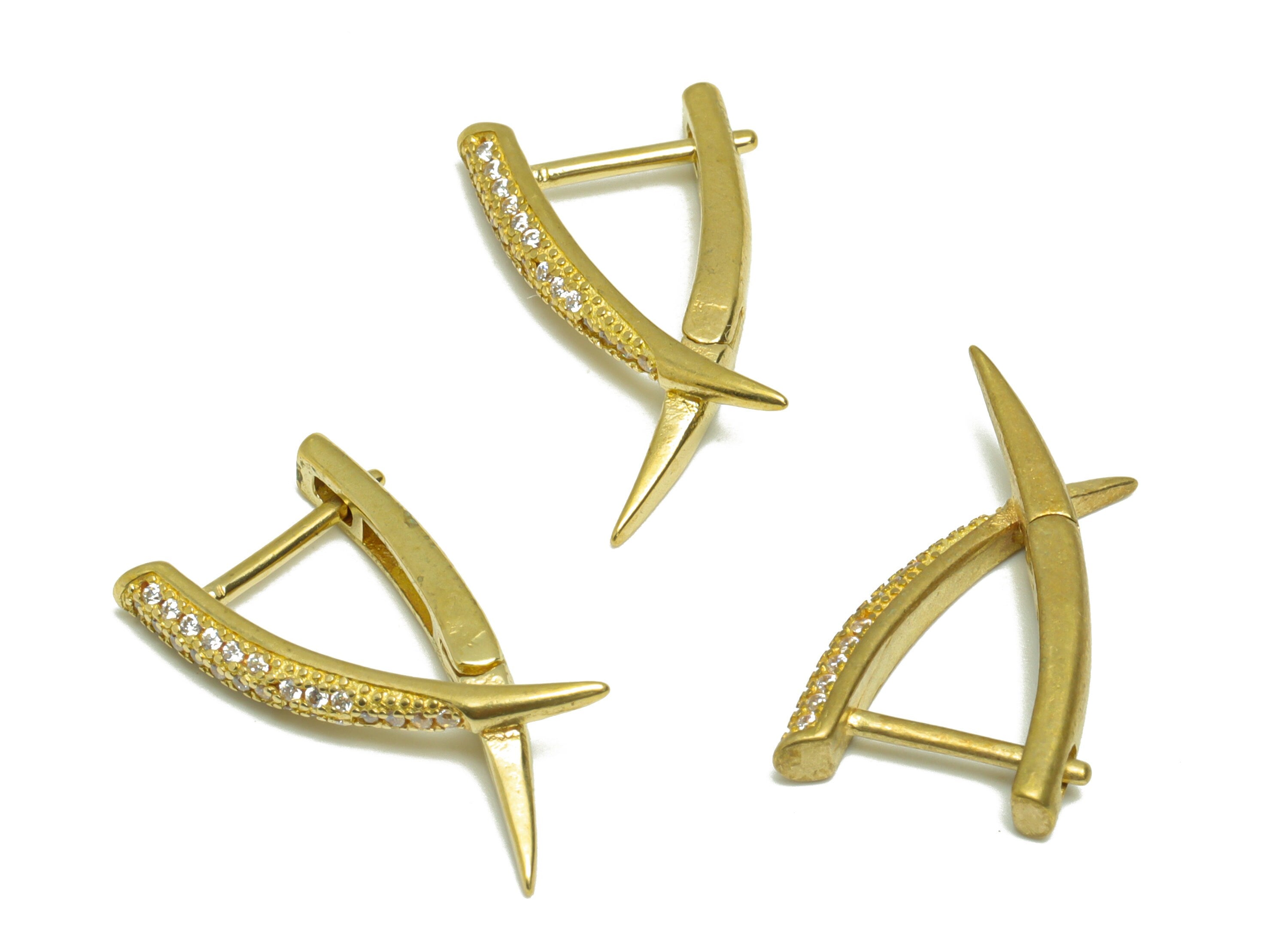 Brass Horn Jacket English Lock Earring - Raw Brass Zircon Lock Hoop Earring - CZ Lock Earring - Cross Zircon Earring - 22x12x3mm - PP9321 - DOMEDBAZAAR