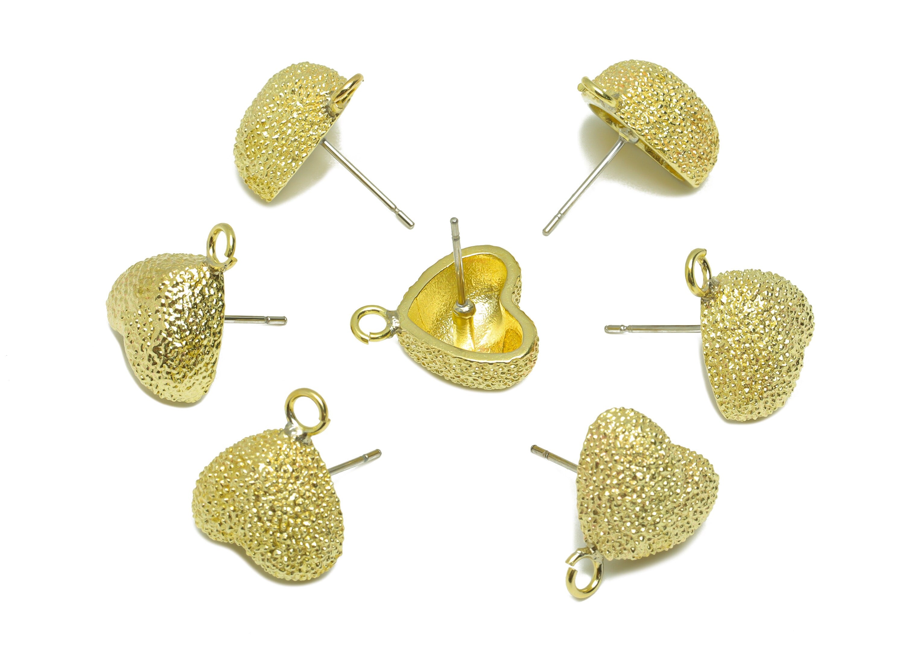 Brass Textured Heart Earring Stud - Raw Brass Frosted Heart Earring Post - Brass Cubic Heart Earring Post With Loop - 18.28x13.67x6mm-PP9211 - DOMEDBAZAAR
