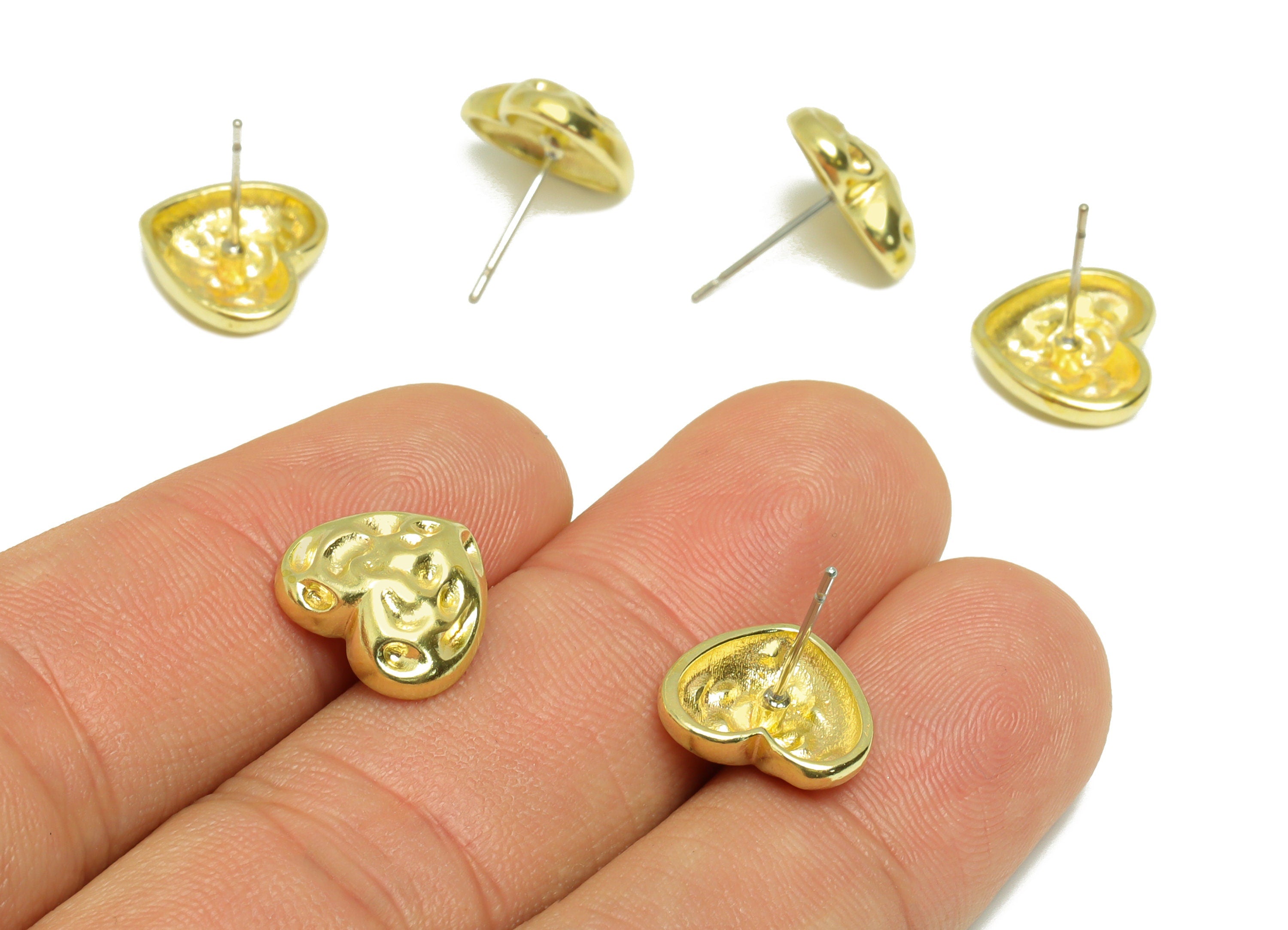 Brass Hammered Heart Earring Stud - Raw Brass Textured Heart Earring Post - Brass Cubic Heart Earring Post - 15x11.15x12.75mm - PP9207 - DOMEDBAZAAR