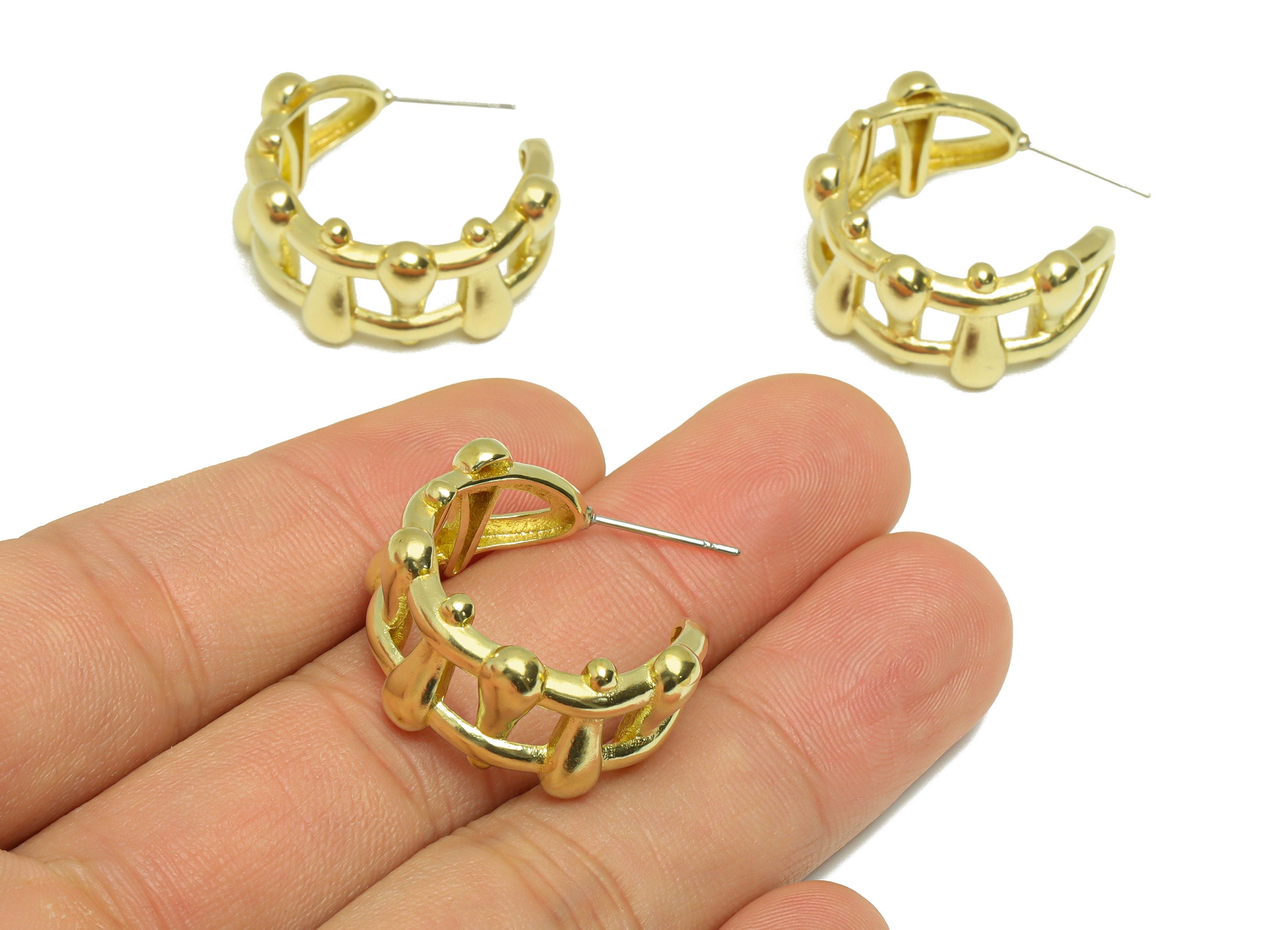 Brass Round C Hoop Earring - Raw Brass Thick Wide Hoop Earring Stud - Brass Weave Open Hoop Earring Post - Hoop Post -25x25x11mm - PP9202 - DOMEDBAZAAR
