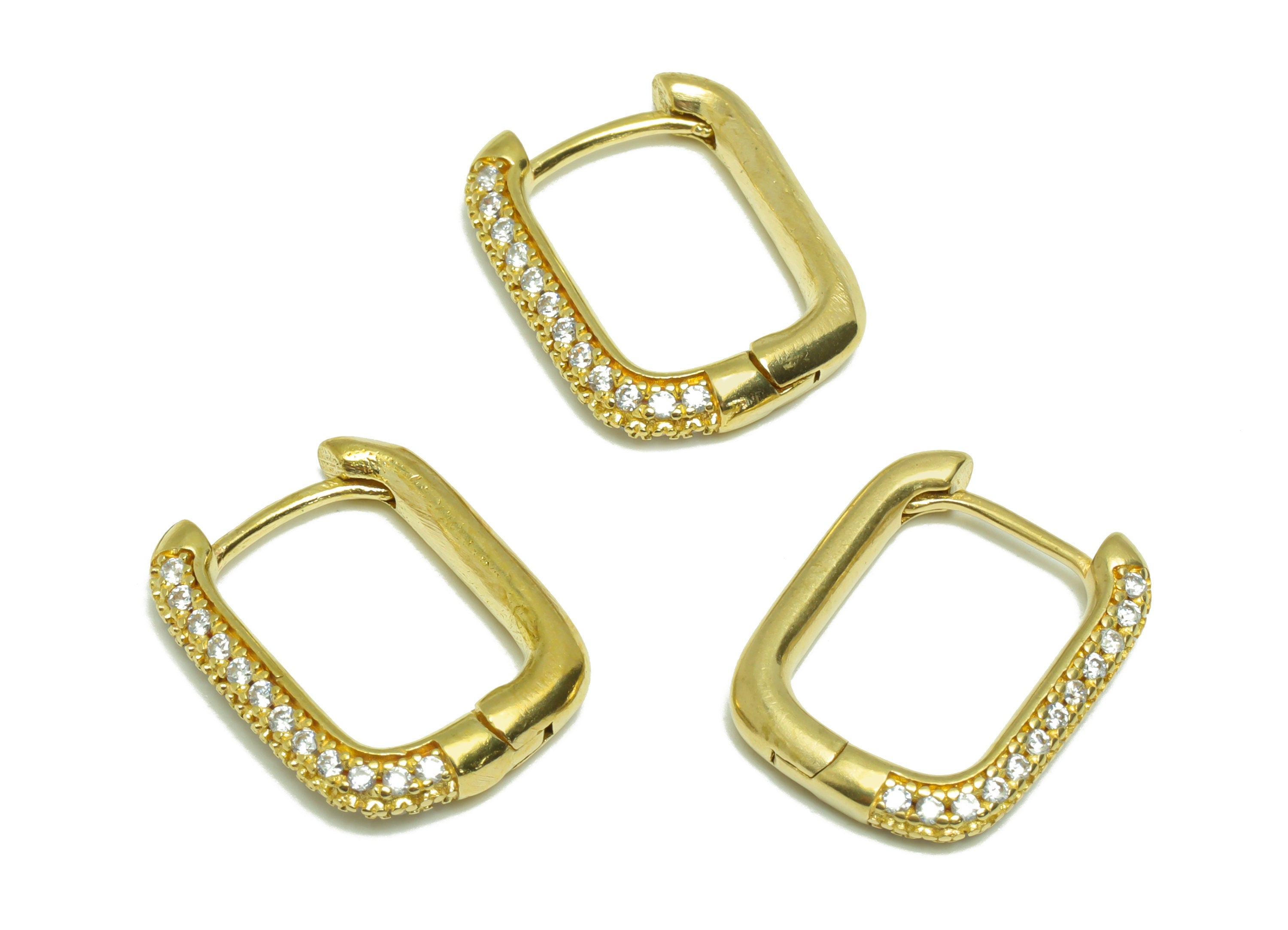 Brass CZ Huggie Hoop Earring - Raw Brass Oval Rectangle Earring Clasp - Zircon Hoop Clasp Earring - Brass Hoop Earring - 19x14x3mm- PP9182 - DOMEDBAZAAR