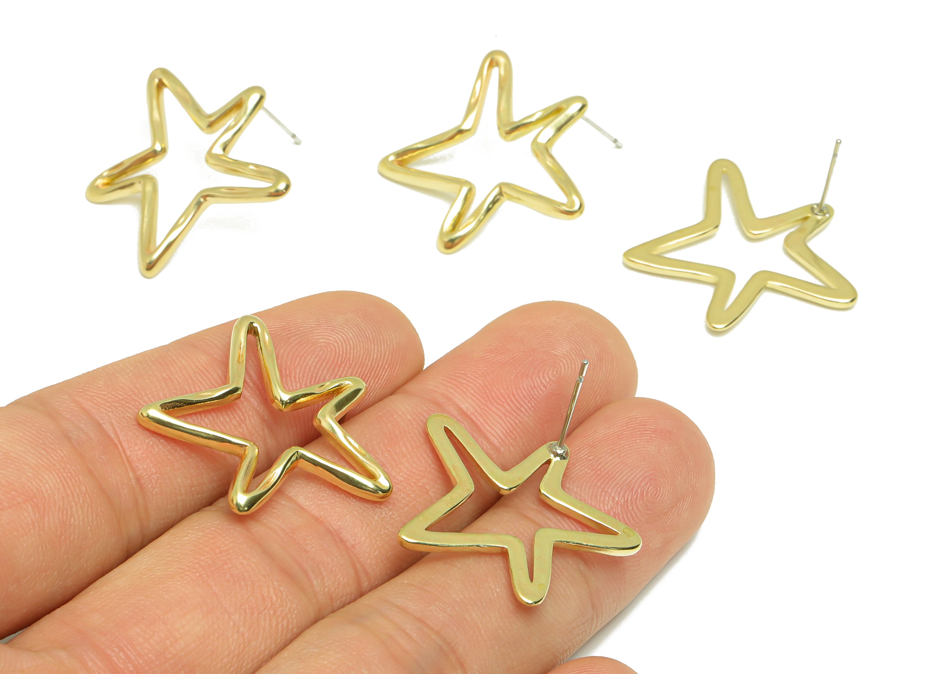 Wire Star Ring Earring Stud - Raw Brass Textured Star Wire Earring Post - Brass Star Earring Post - Irregular Earring - 26x25x1mm - PP9180 - DOMEDBAZAAR
