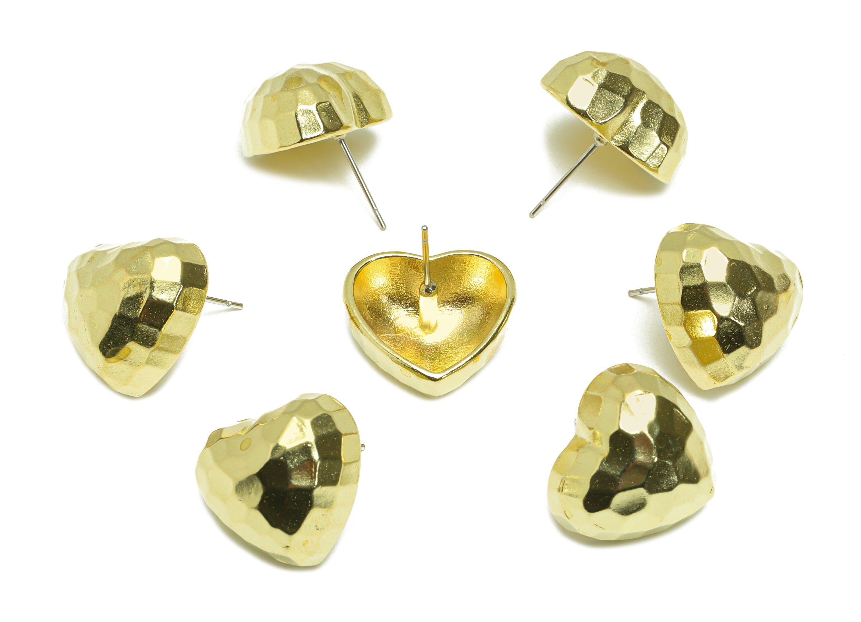 Hammered Heart Figure Earring Stud - Raw Brass Faceted Heart Earring Post - Brass Heart Earring Post - Textured Post - 16x18x8mm-PP9525 - DOMEDBAZAAR