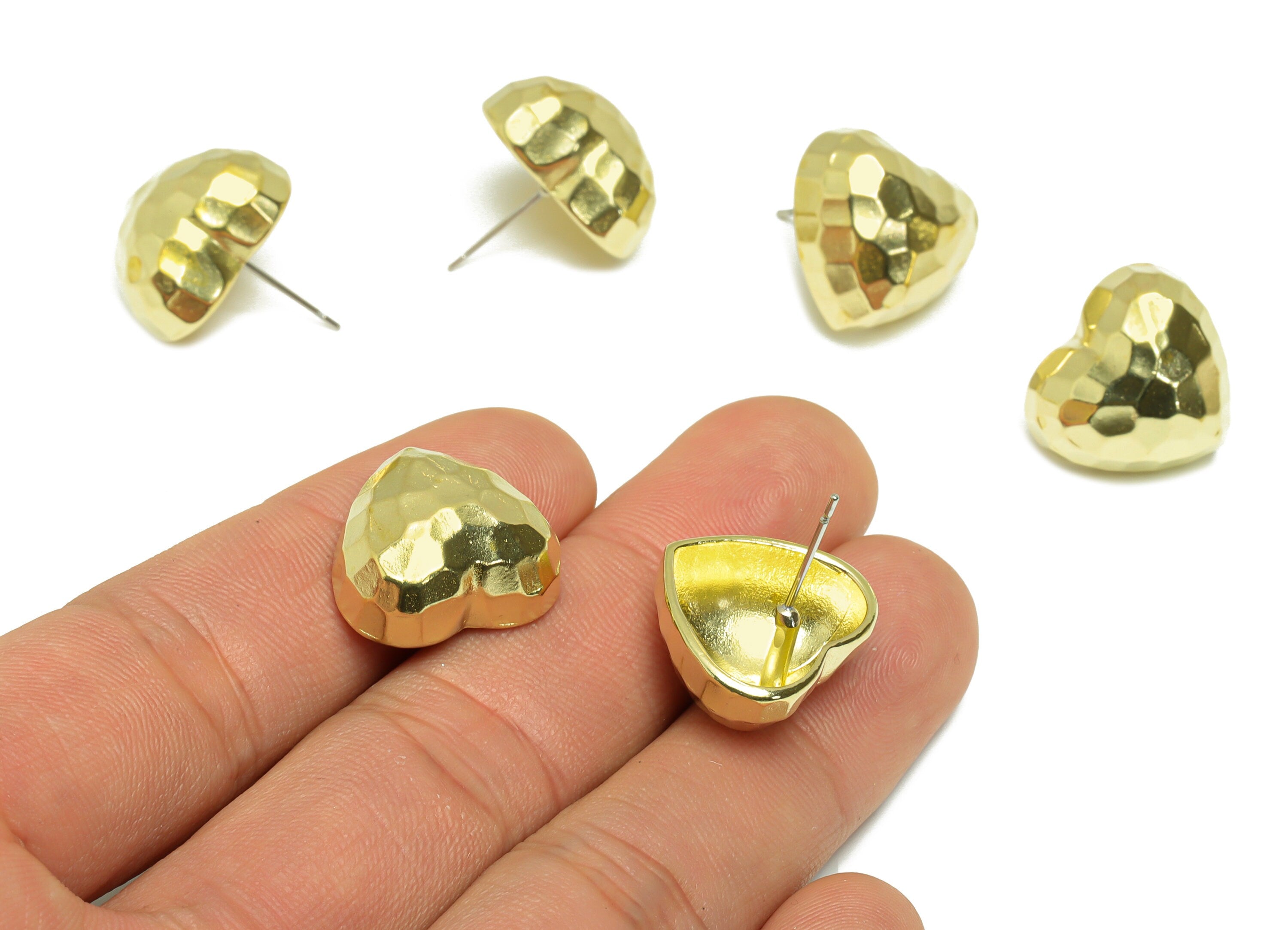 Hammered Heart Figure Earring Stud - Raw Brass Faceted Heart Earring Post - Brass Heart Earring Post - Textured Post - 16x18x8mm-PP9525 - DOMEDBAZAAR