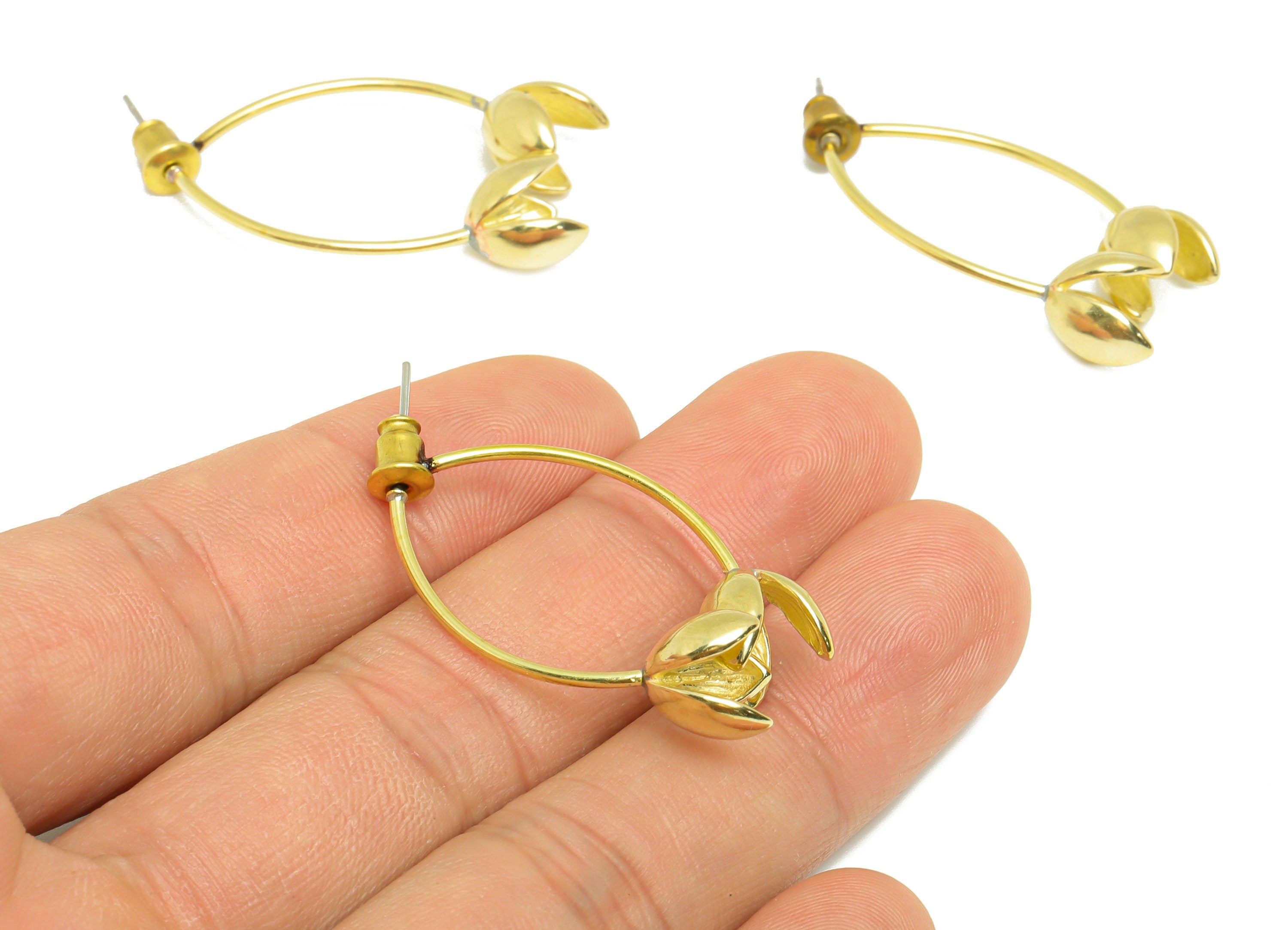 Flower Dangle Earring Post - Raw Brass Flower Wire Earring Post - Bud Earring Post For Pearl - Brass Botanical Earring - 38x9x8mm - PP9295 - DOMEDBAZAAR