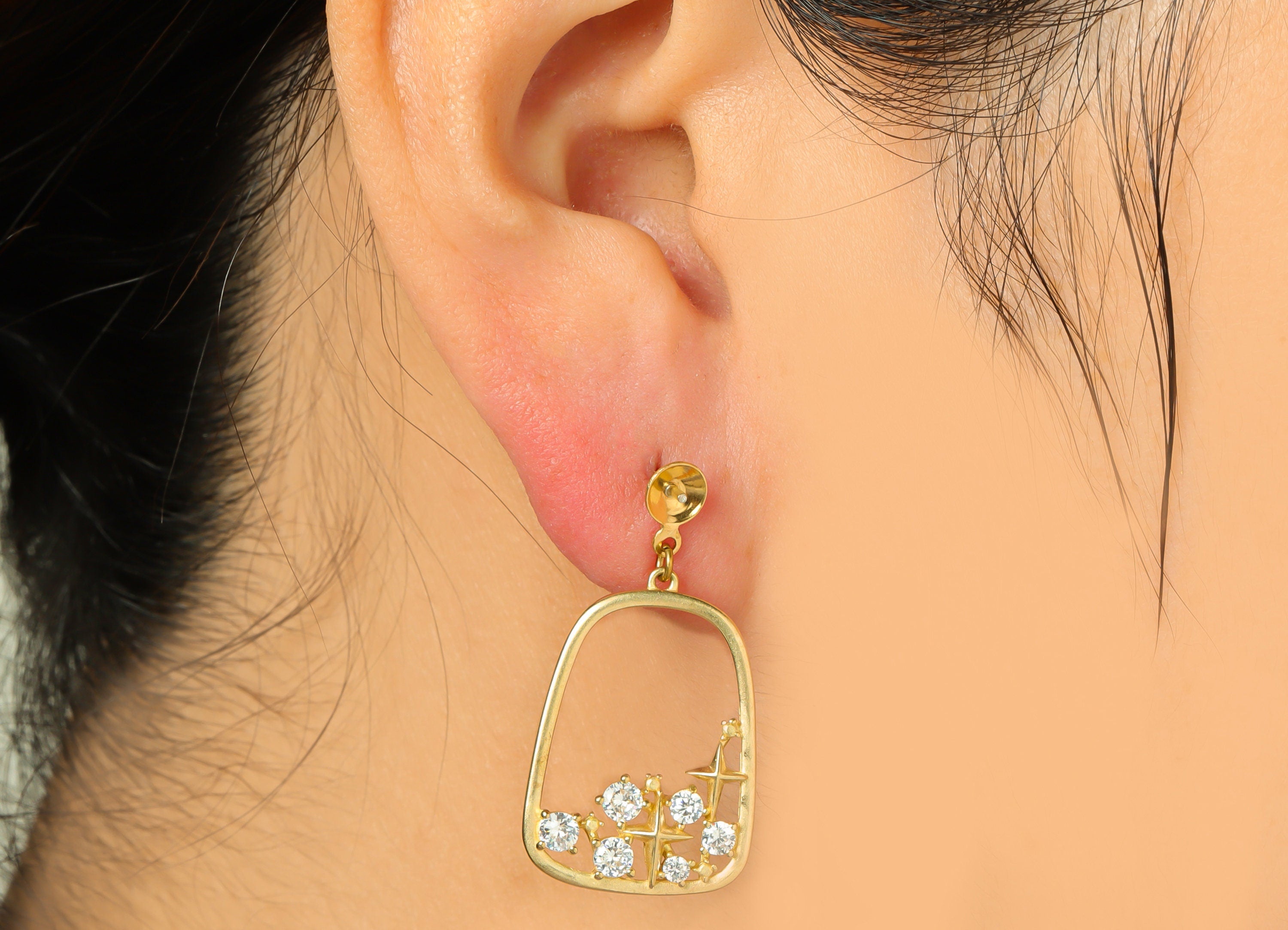 Brass Domed CZ Dangle Earring - Raw Brass Cubic Zircon Star Post - Star Earring Post For Pearl - Hanging Earring Post - 24x17x1mm - PP9284 - DOMEDBAZAAR