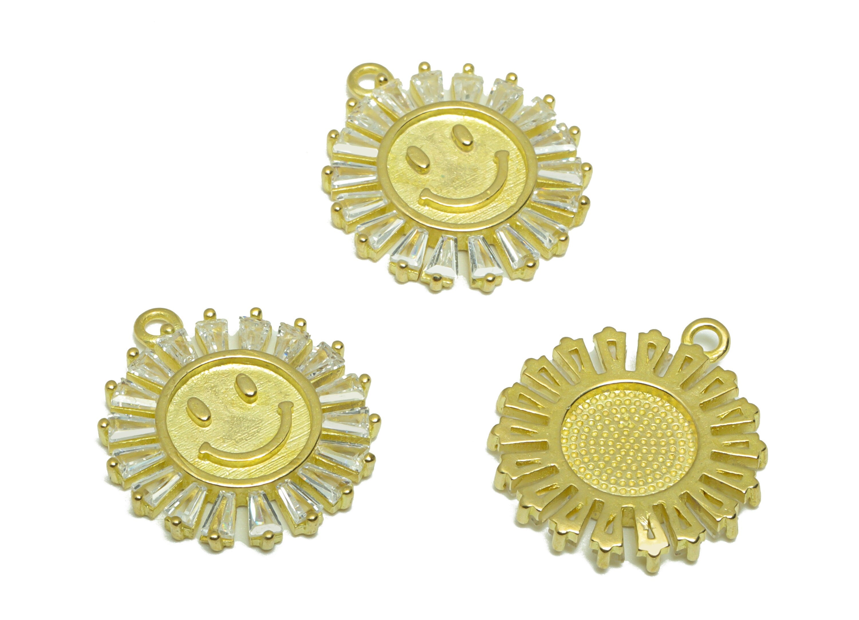 Brass CZ Face Earring Charm - Raw Brass Round Zircon Earring Charm - Brass Sun Cubic Zircon Pendant - For Pendant - 18.5x16.3x2.09mm- PP9282 - DOMEDBAZAAR