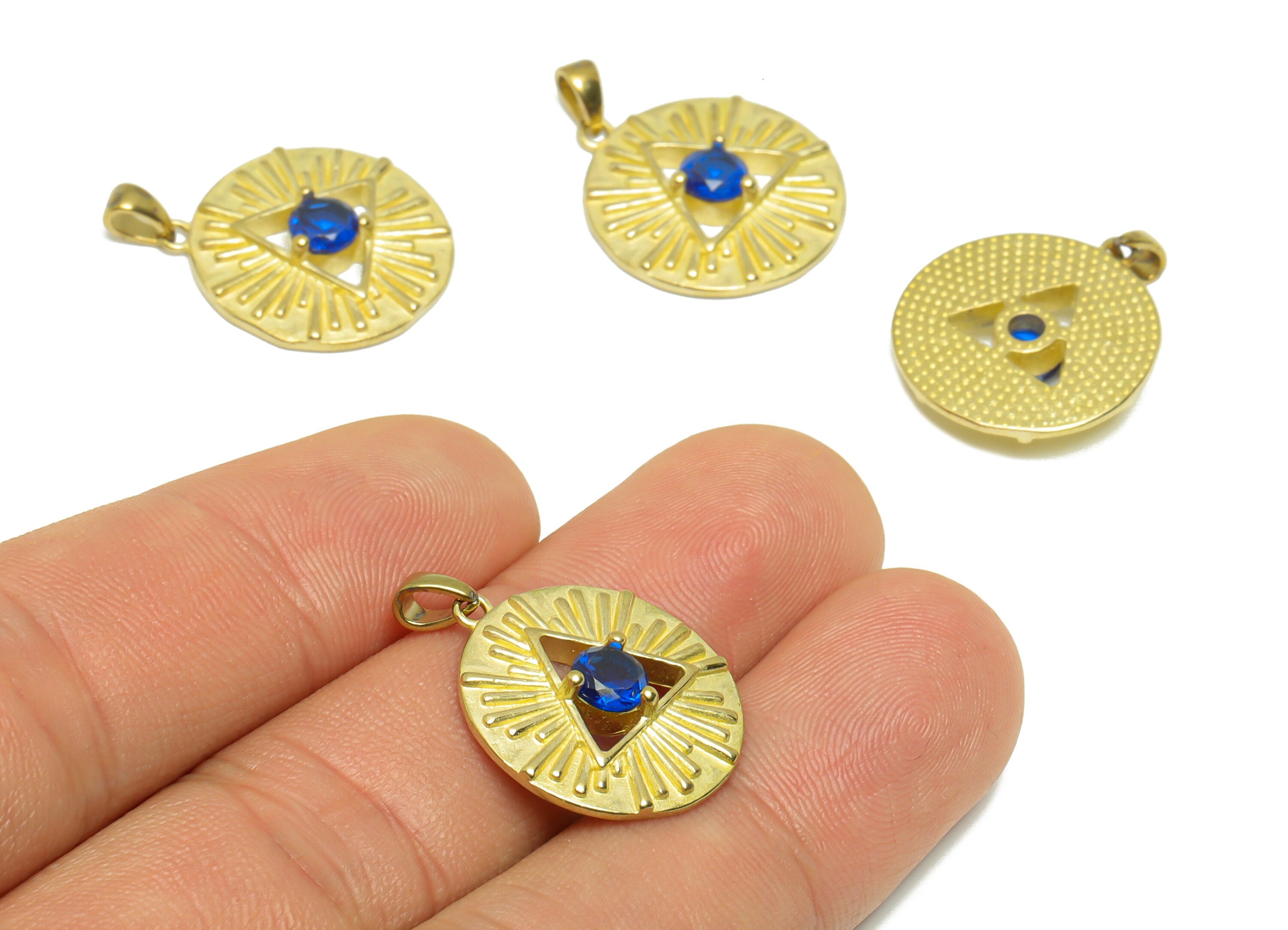 Brass CZ Earring Charm - Raw Brass Blue Triangle Zircon Earring Charm - Brass Textured Zircon Pendant - For Pendant - 20.8x18.7x4mm - PP9294 - DOMEDBAZAAR