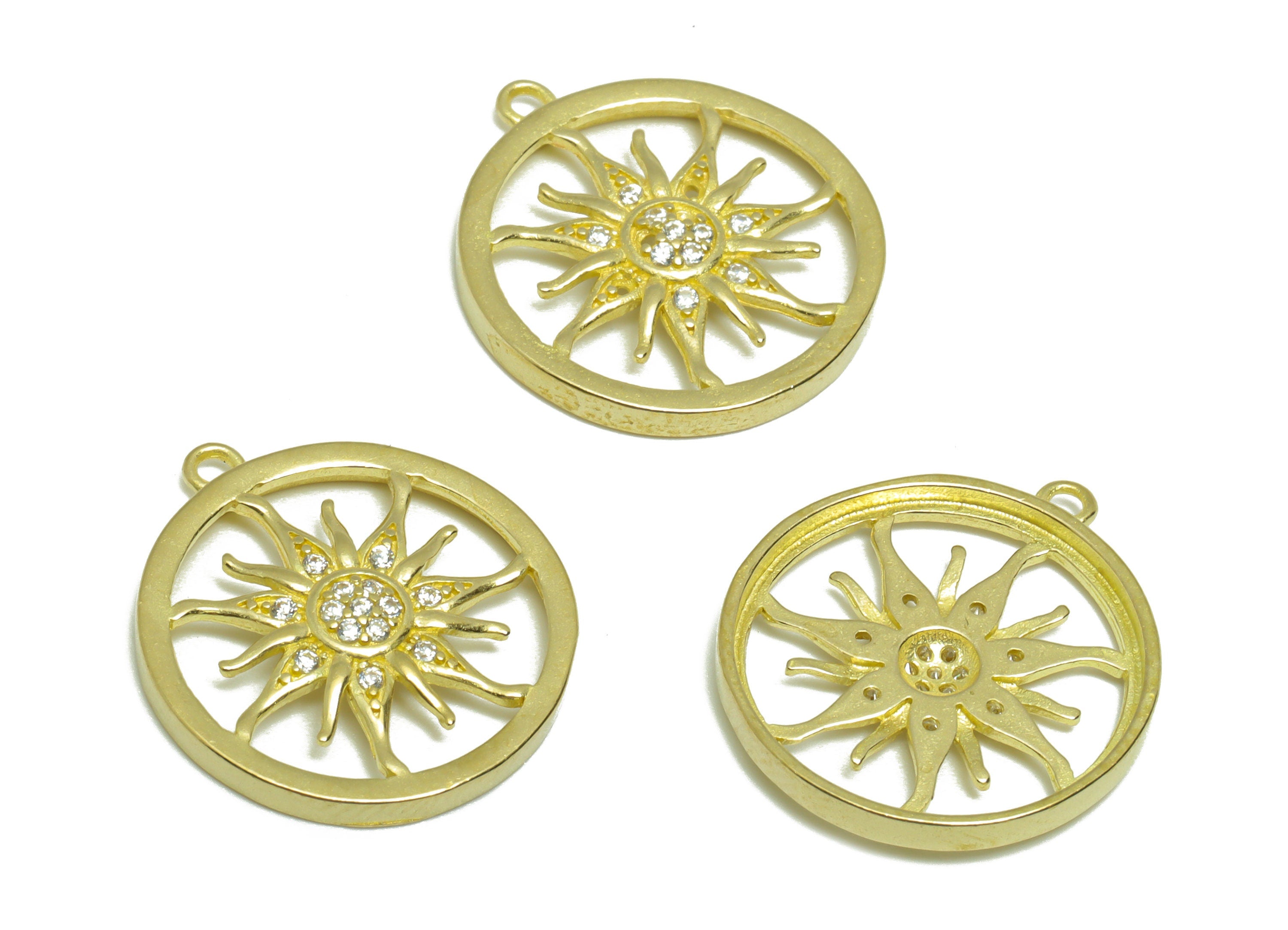 Brass CZ Sun Earring Charm - Raw Brass Sunshine Zircon Earring Charm - Brass Round Zircon Pendant - For Pendant - 19.64x17.8x1.17mm - PP9280 - DOMEDBAZAAR